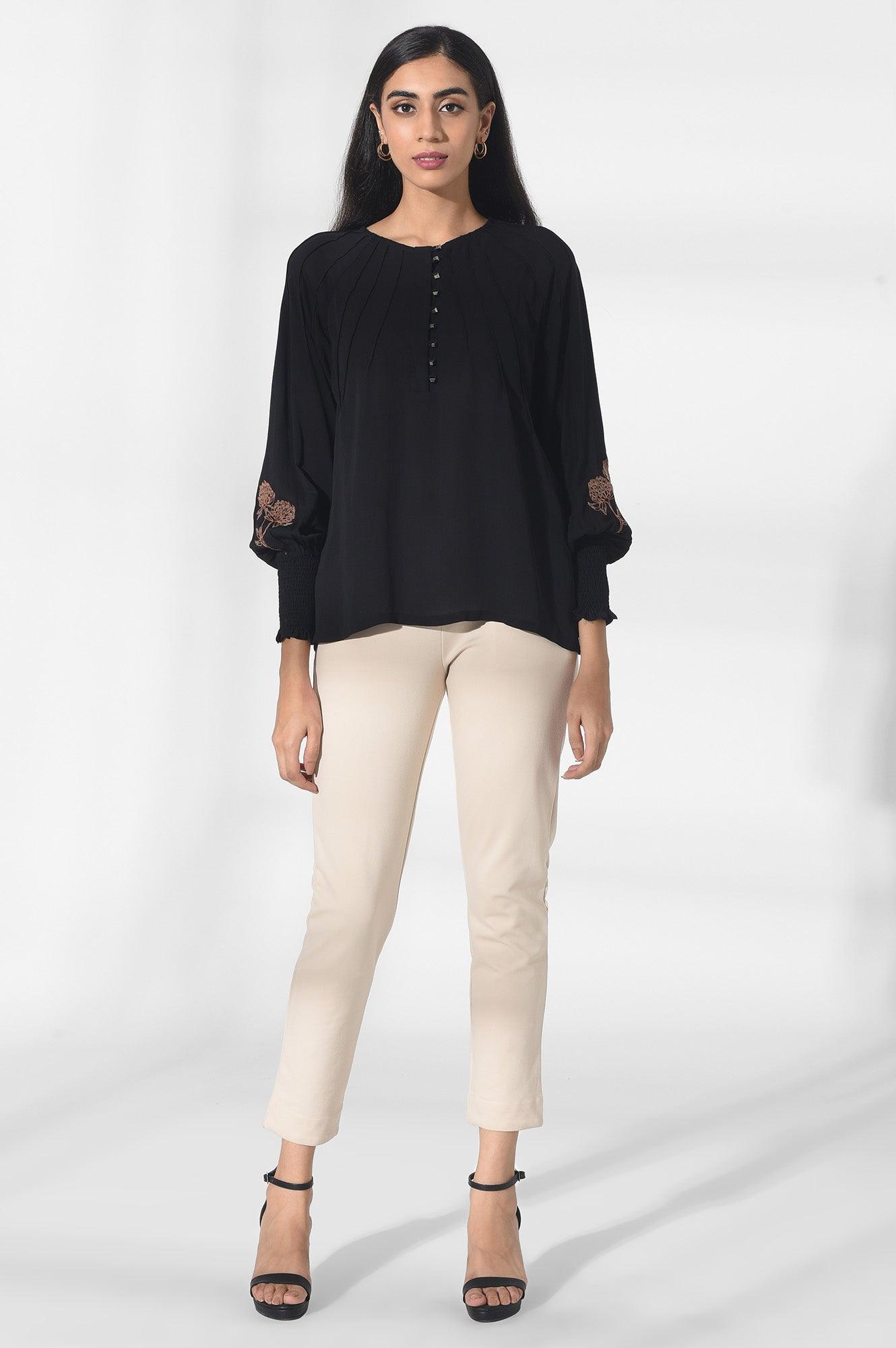 Black Solid Pintuck Top - wforwoman