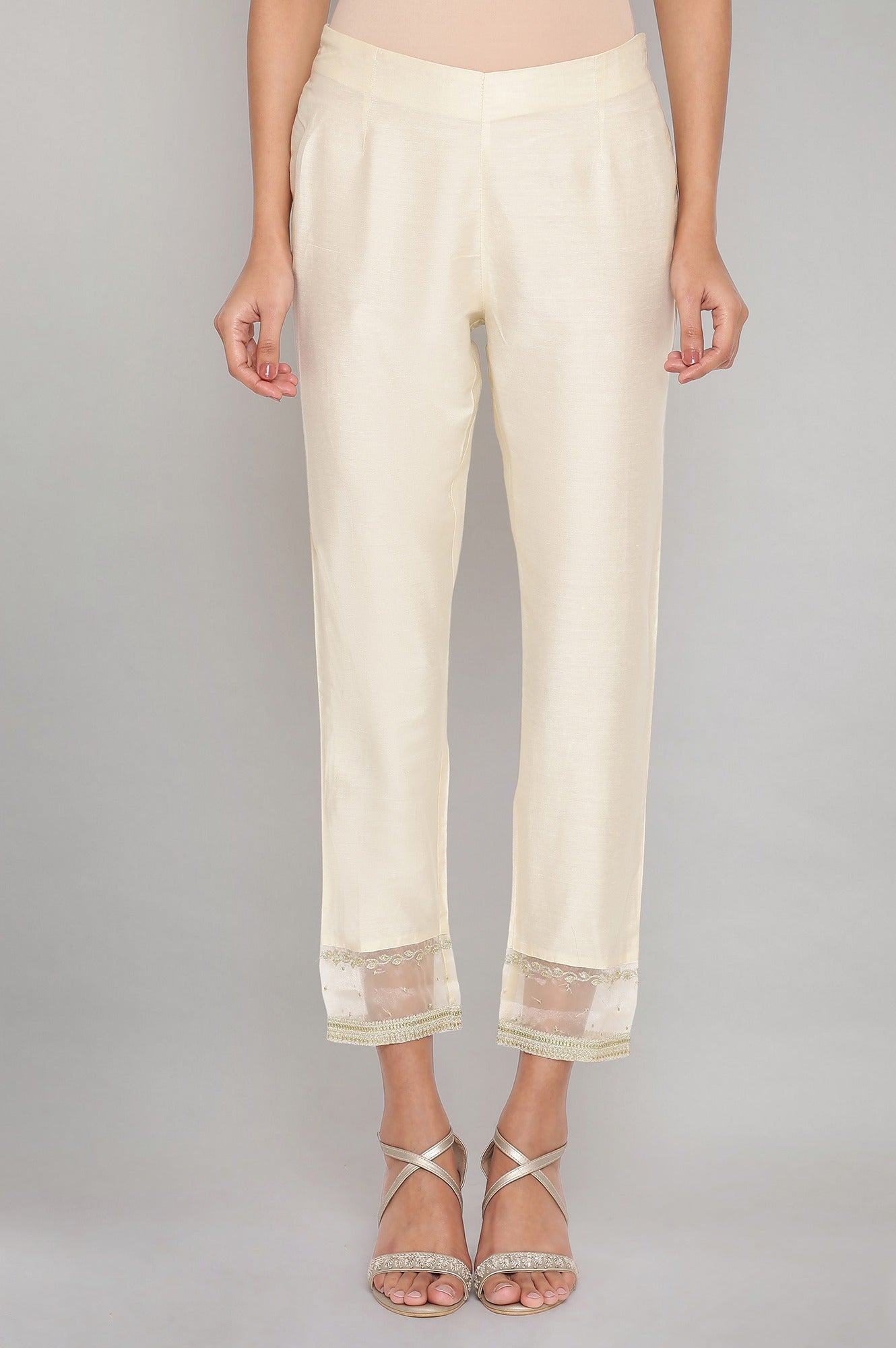 Beige Solid Slim Pants With Embroidered Organza Panel