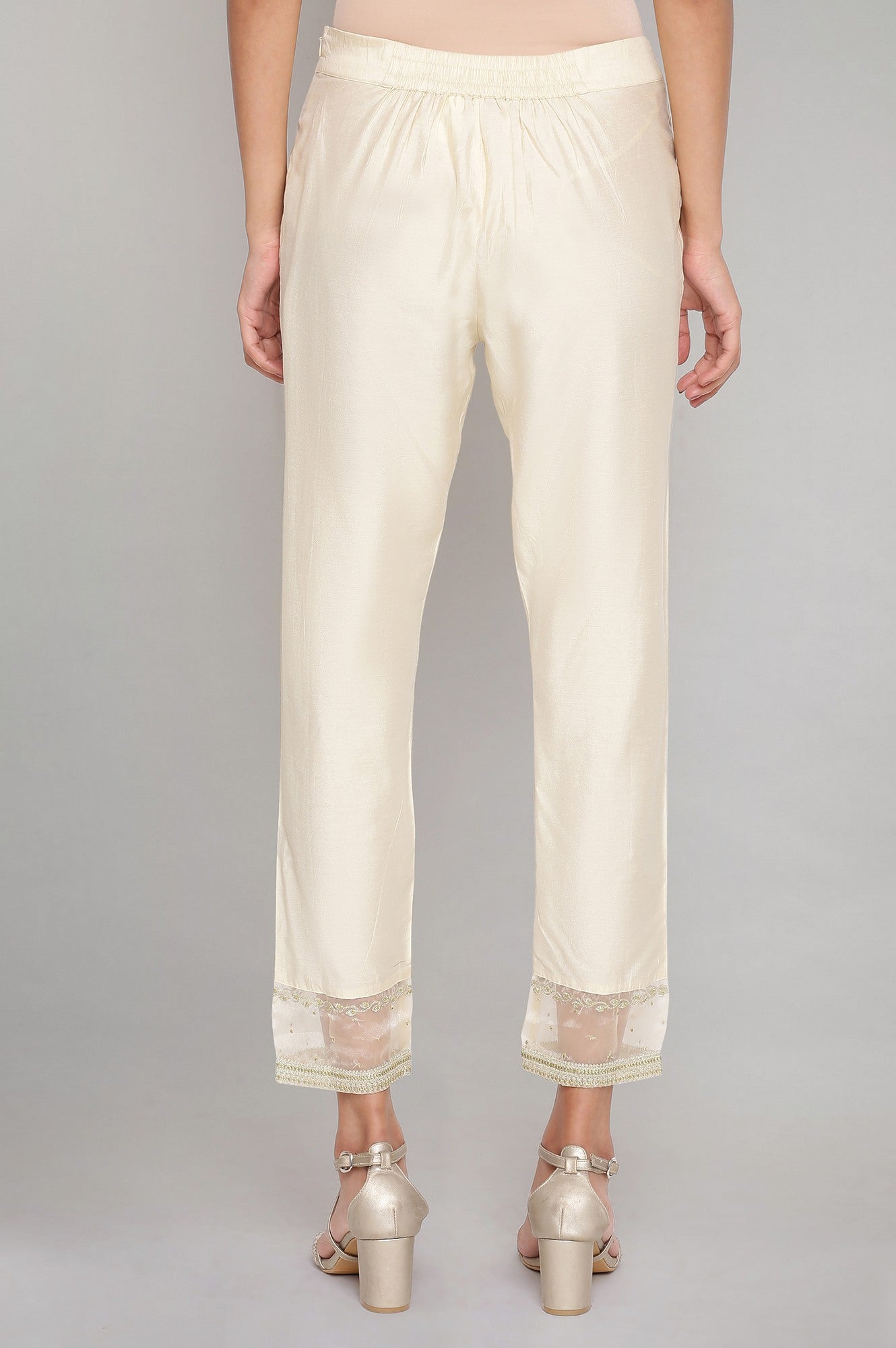 Beige Solid Slim Pants With Embroidered Organza Panel