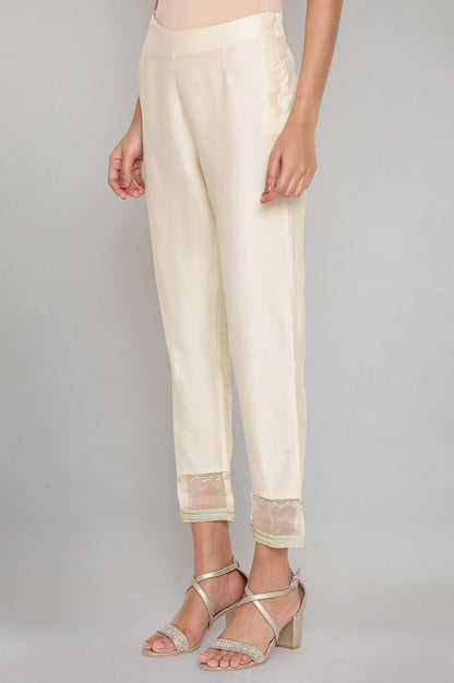 Beige Solid Slim Pants With Embroidered Organza Panel