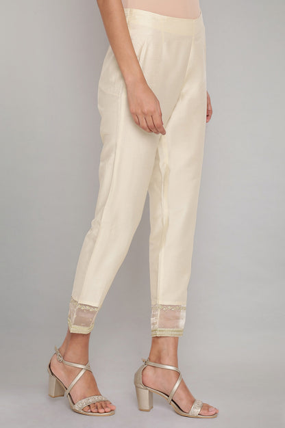 Beige Solid Slim Pants With Embroidered Organza Panel