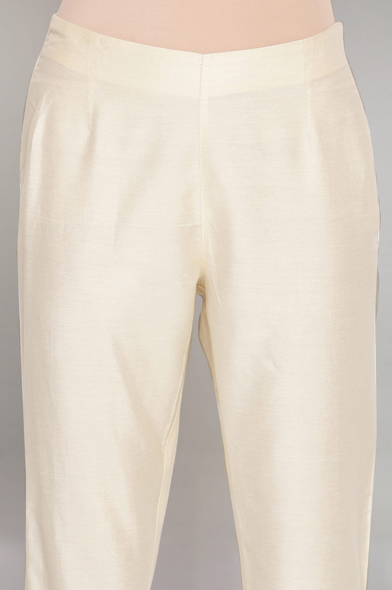 Beige Solid Slim Pants With Embroidered Organza Panel