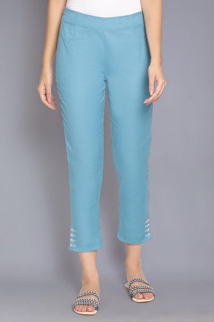 Teal Blue Slim Pants with Embroidery - wforwoman