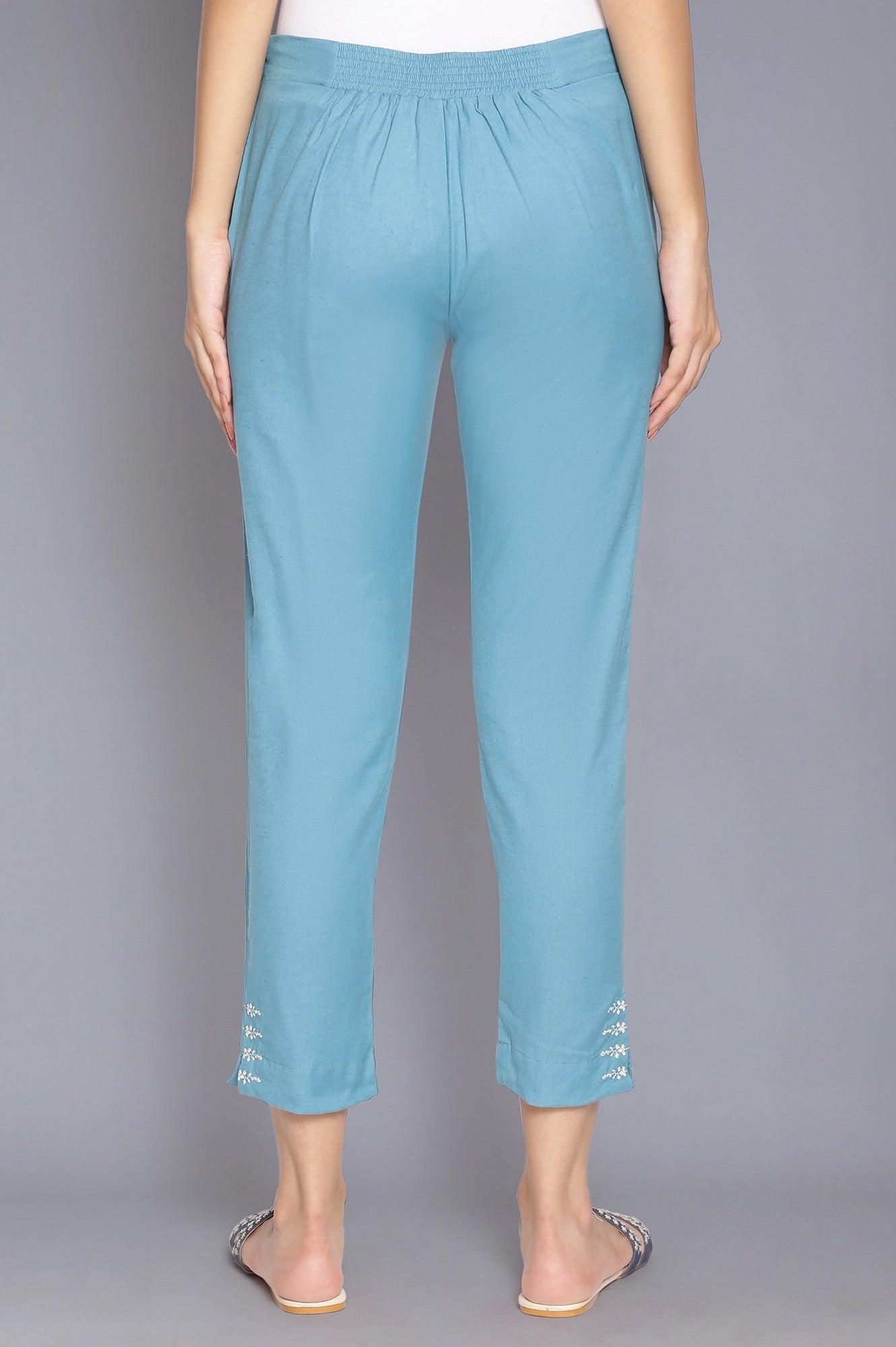 Teal Blue Slim Pants with Embroidery - wforwoman