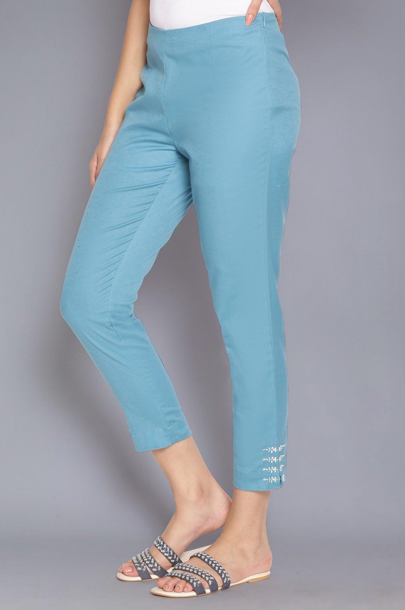 Teal Blue Slim Pants with Embroidery - wforwoman