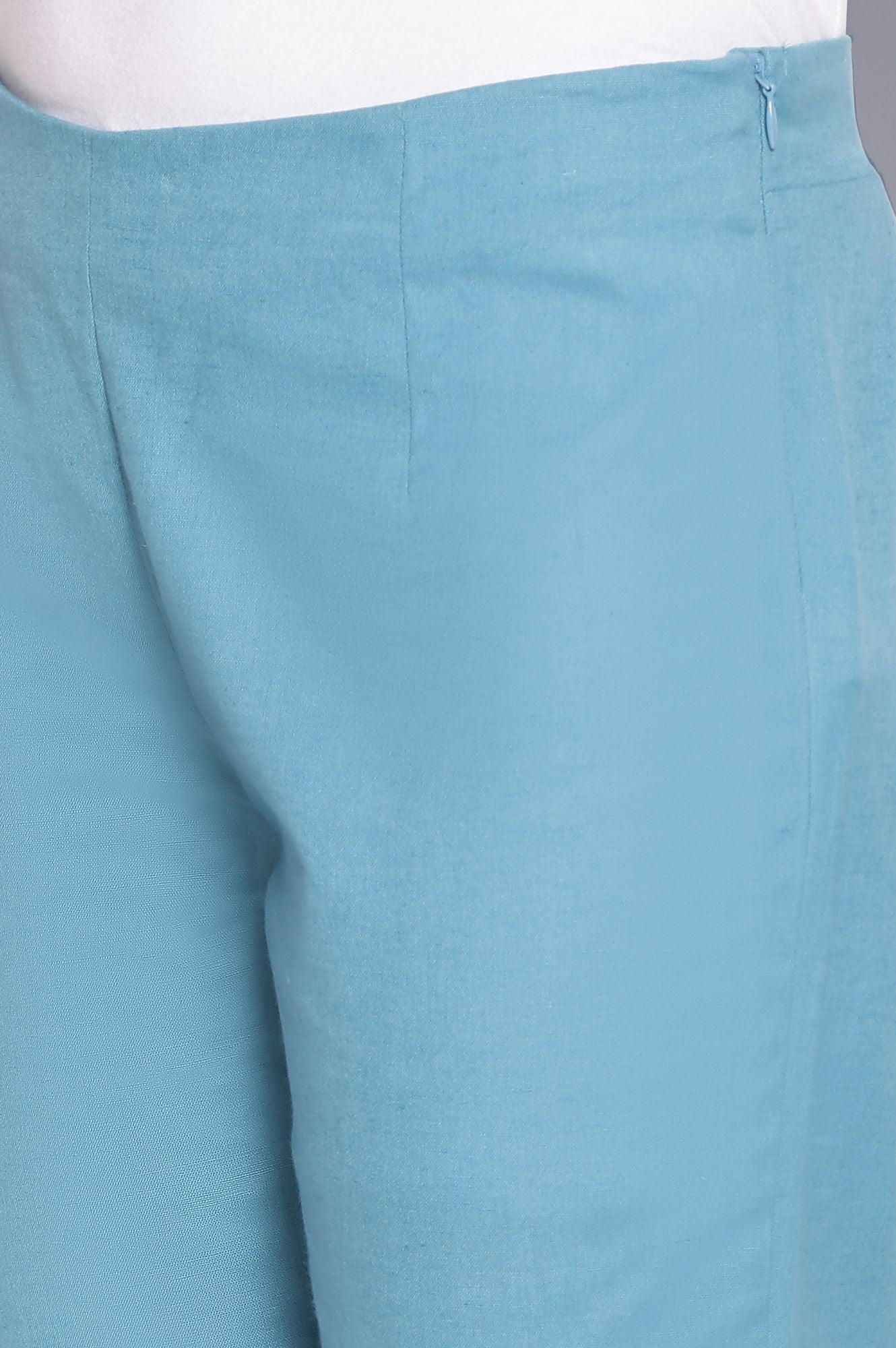 Teal Blue Slim Pants with Embroidery - wforwoman