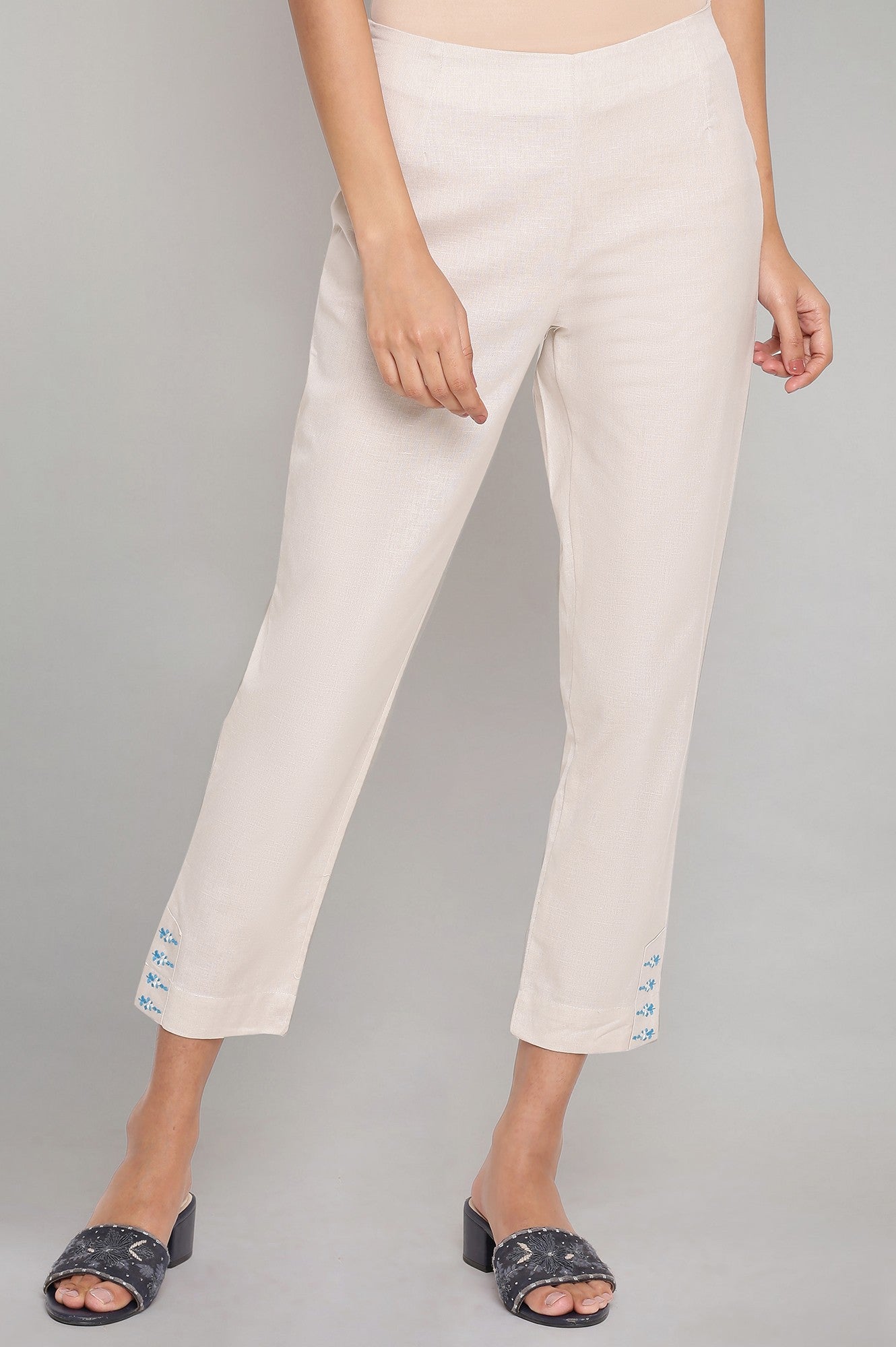 Ecru Slim Pants with Embroidery