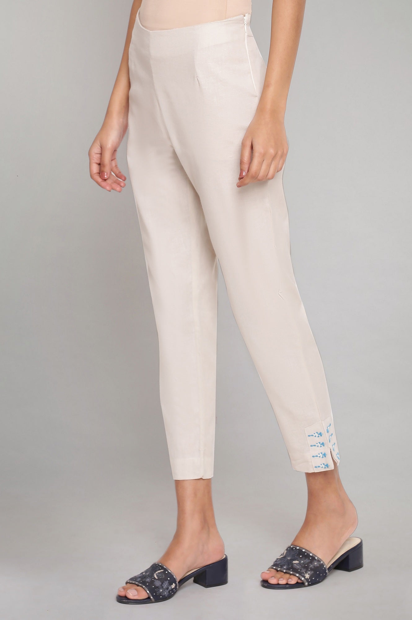 Ecru Slim Pants with Embroidery