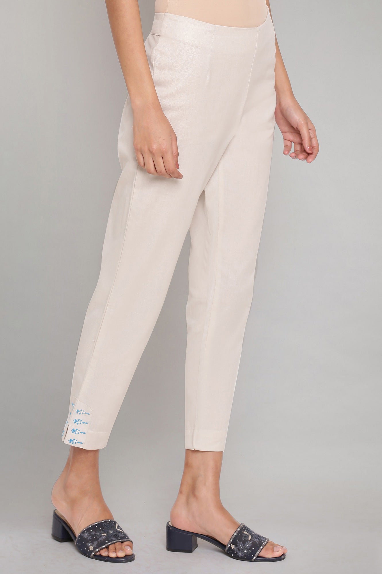 Ecru Slim Pants with Embroidery