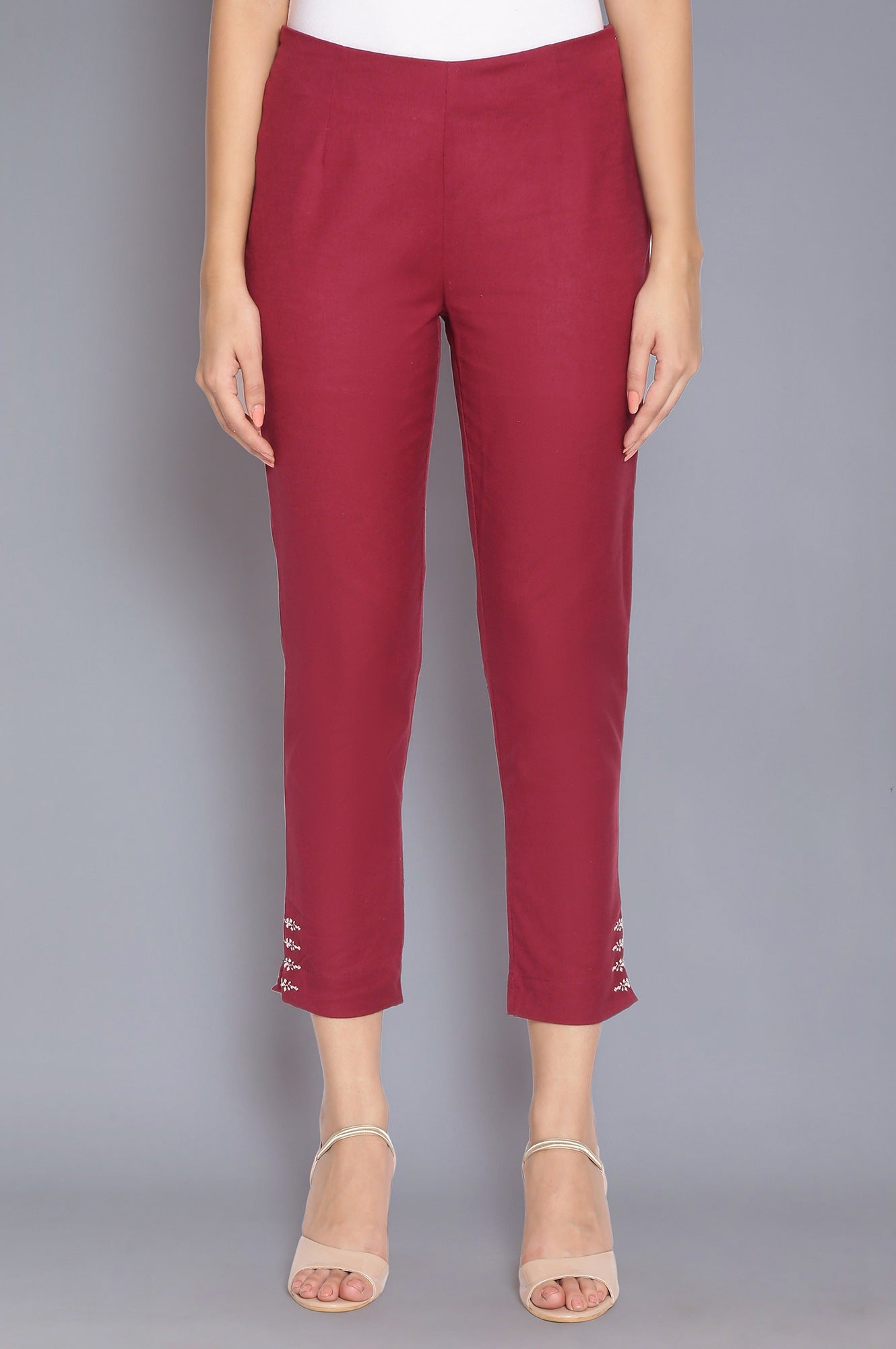 Dark Red Slim Pants with Embroidery