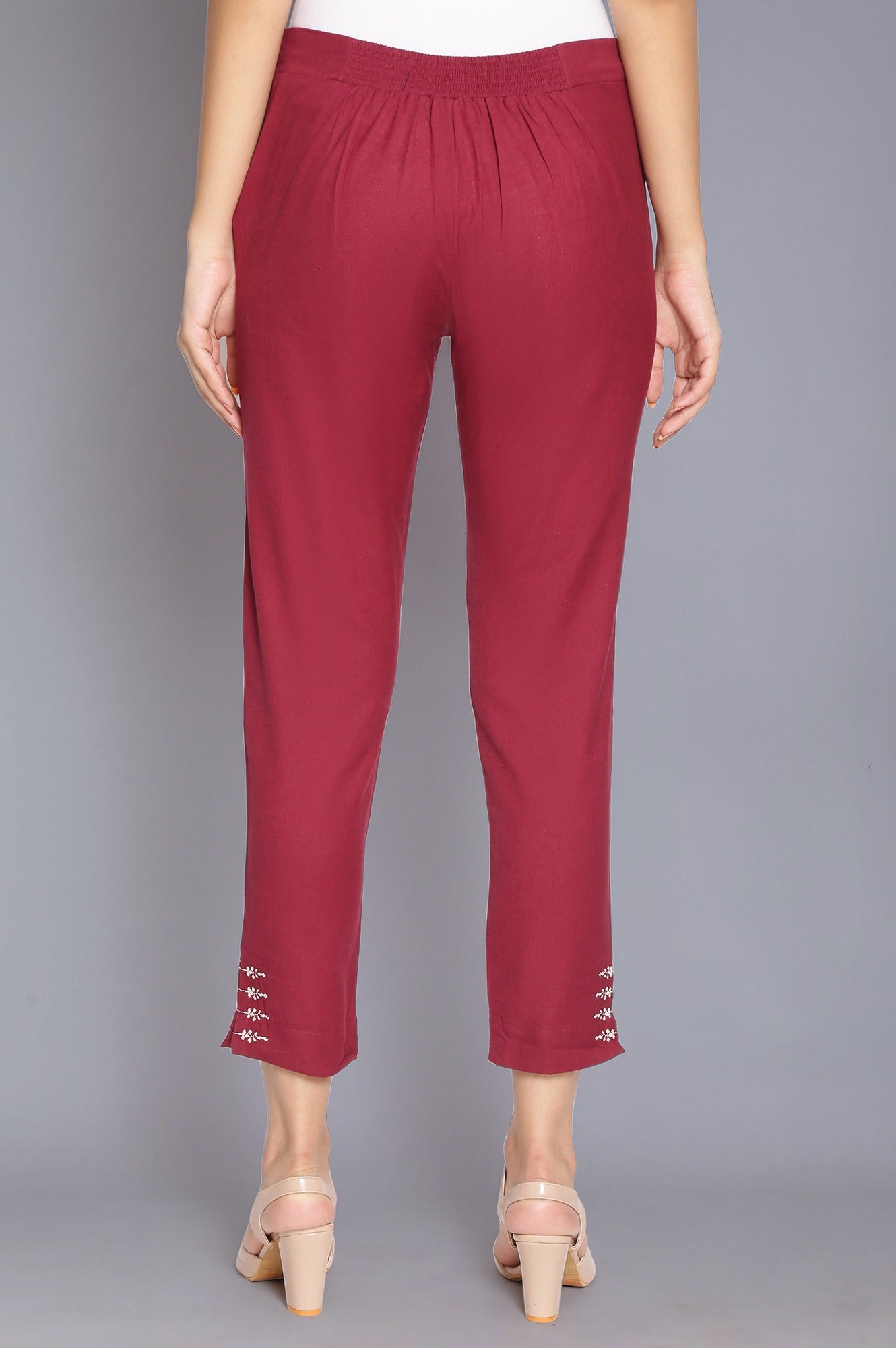 Dark Red Slim Pants with Embroidery