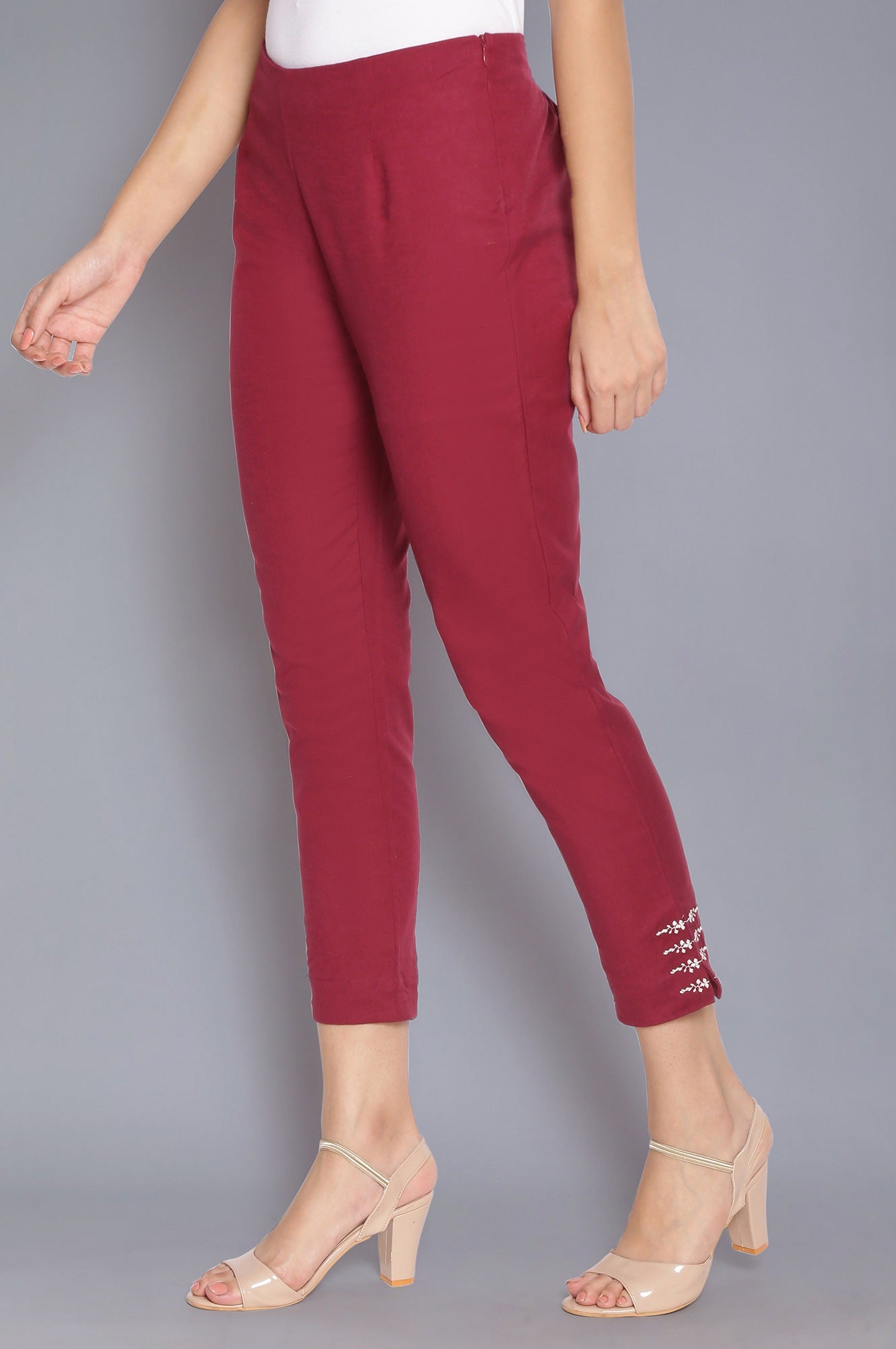 Dark Red Slim Pants with Embroidery