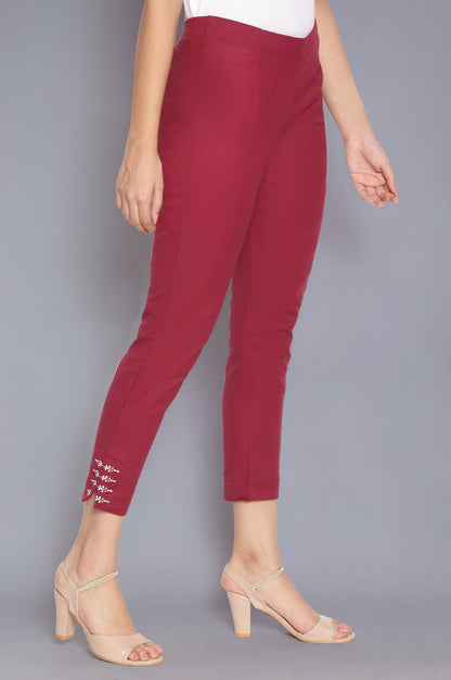 Dark Red Slim Pants with Embroidery