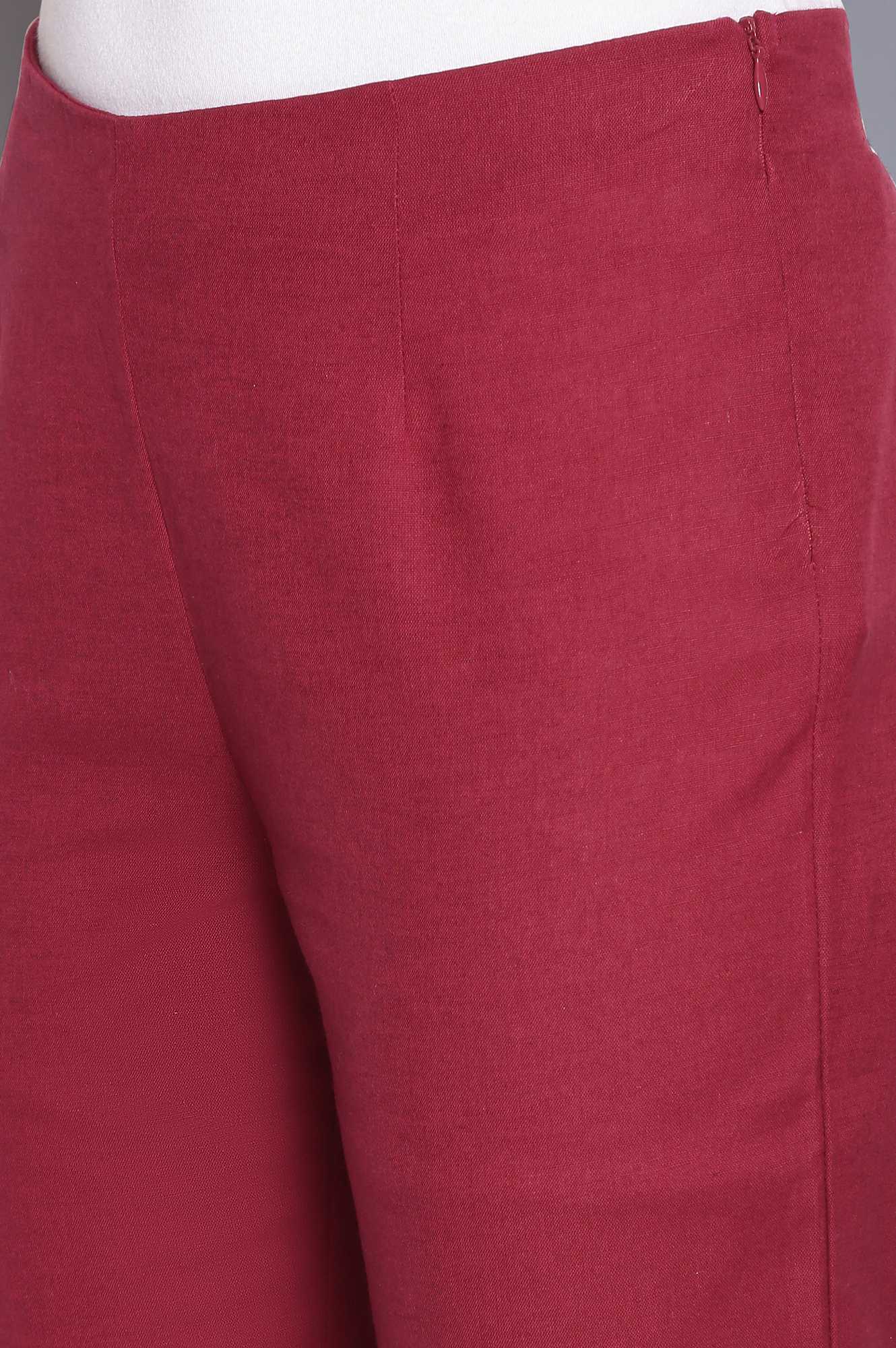 Dark Red Slim Pants with Embroidery