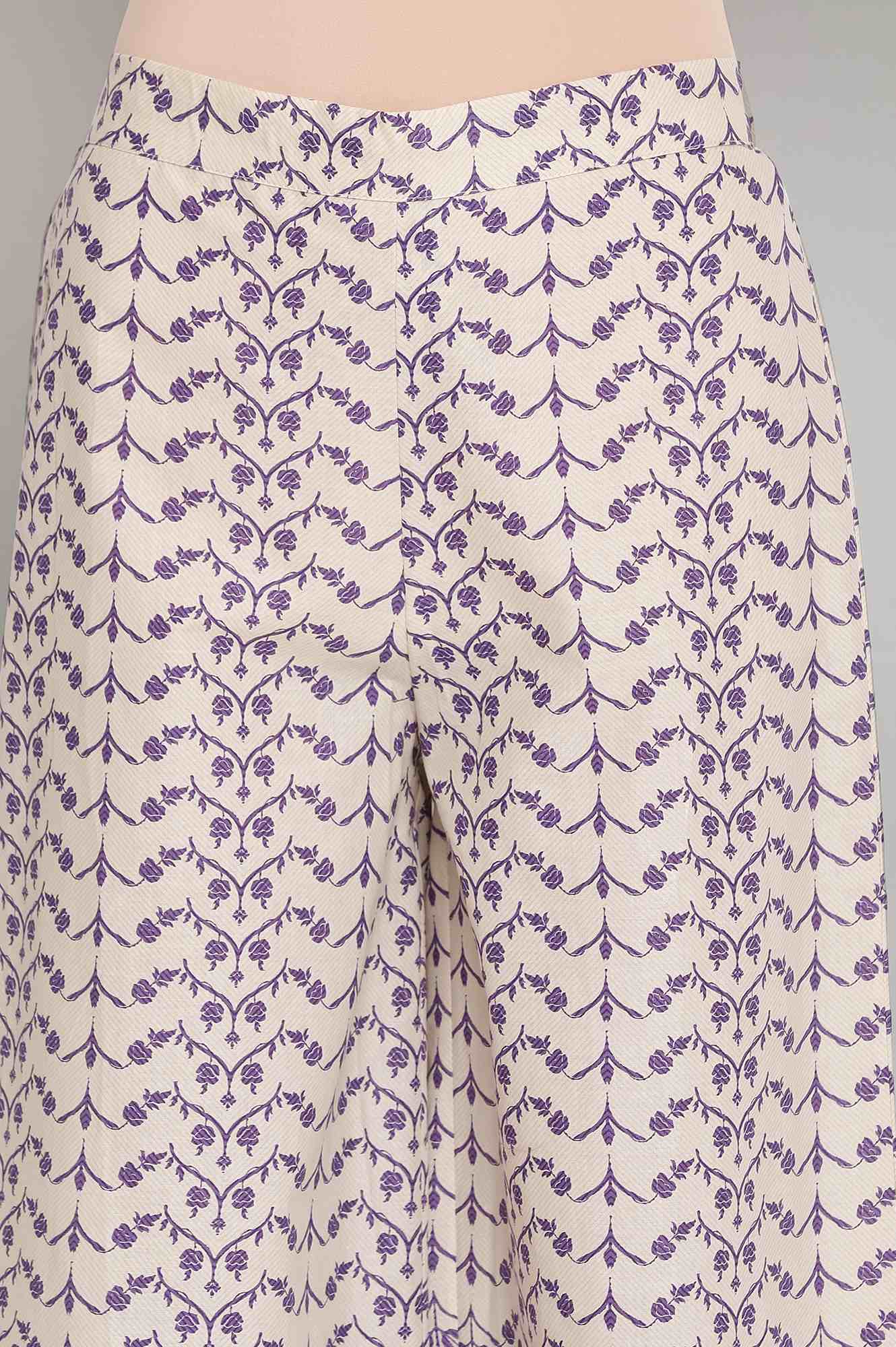 Ecru and Purple Printed Parallel Pants