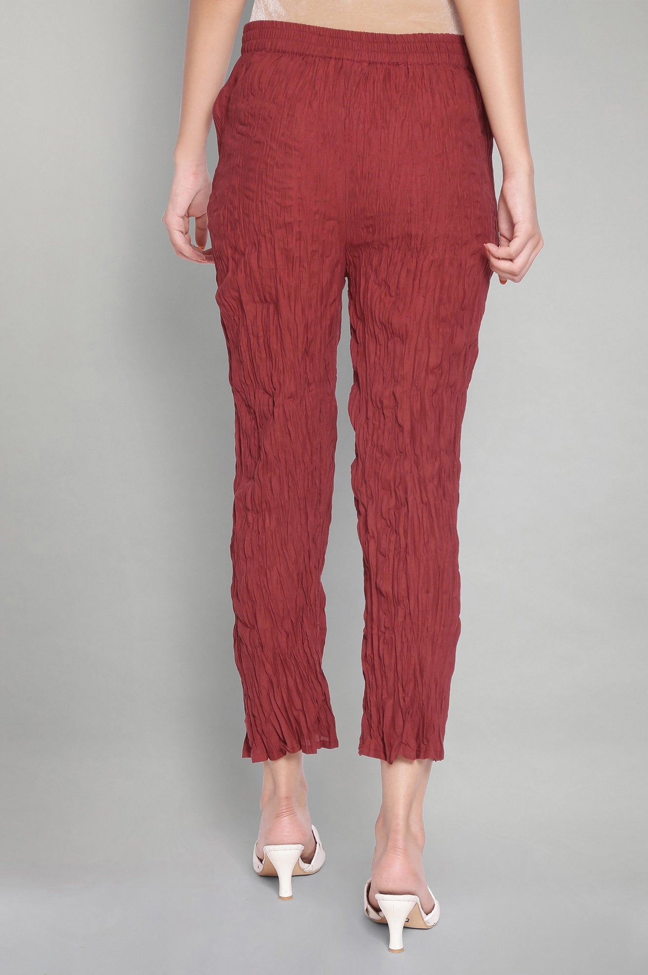 Red Solid Crinkled Parallel Pants