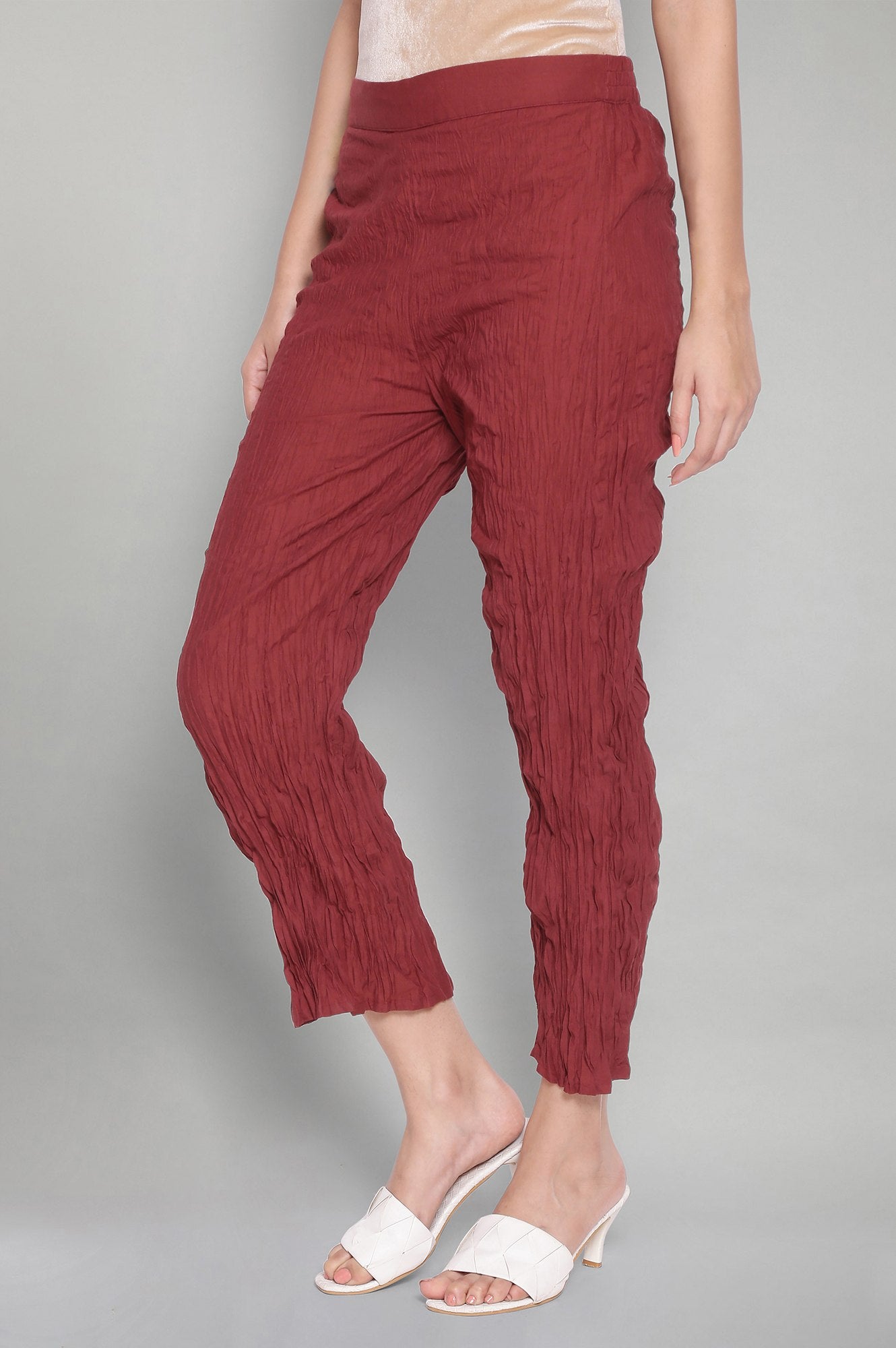 Red Solid Crinkled Parallel Pants