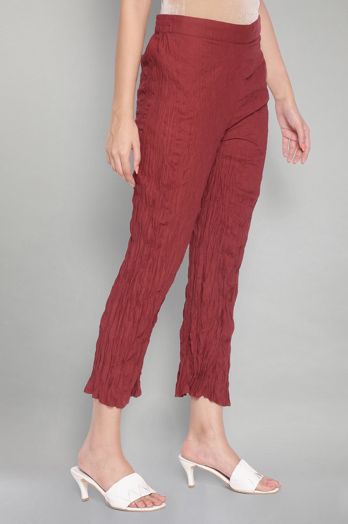 Red Solid Crinkled Parallel Pants