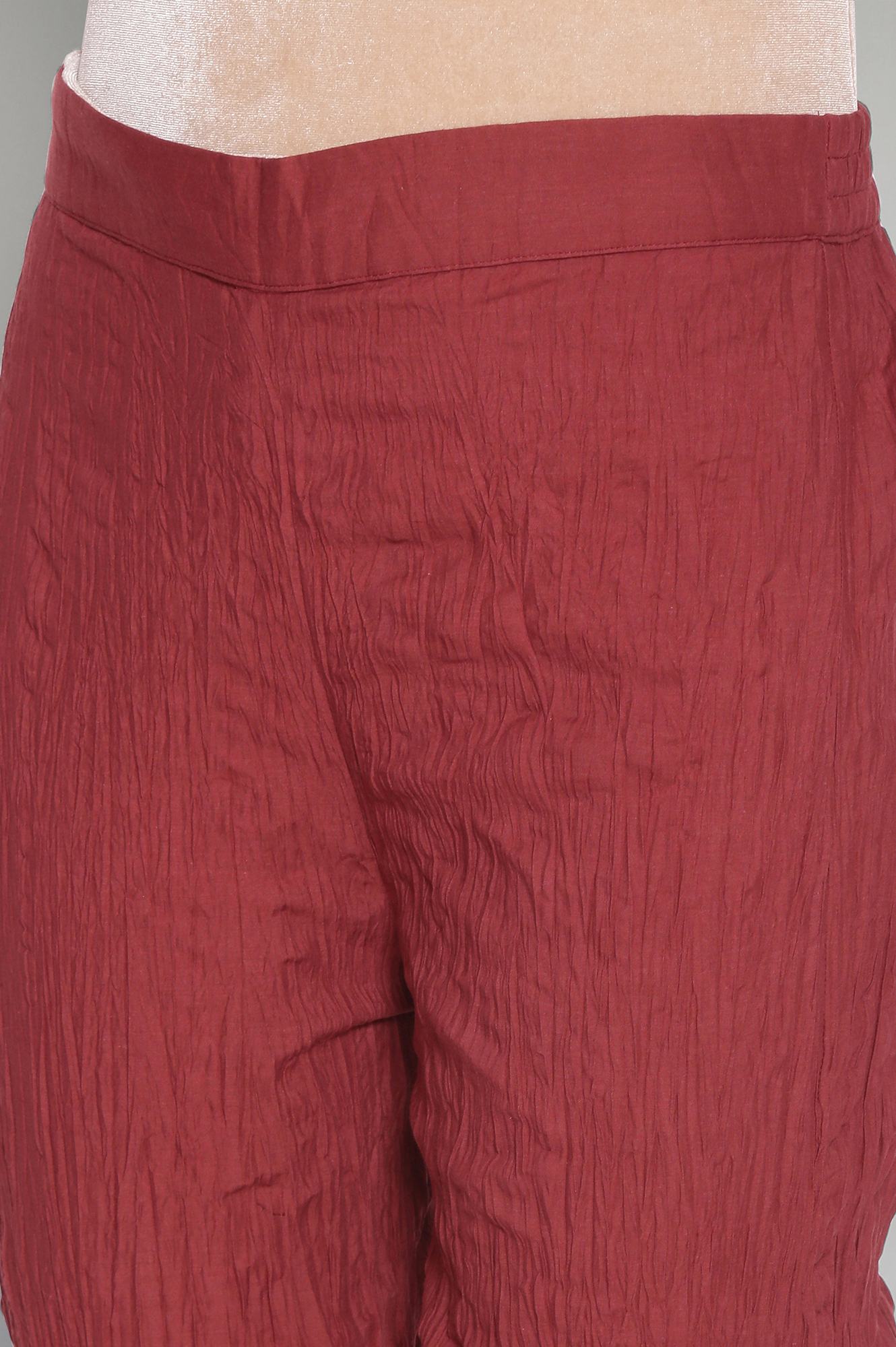 Red Solid Crinkled Parallel Pants