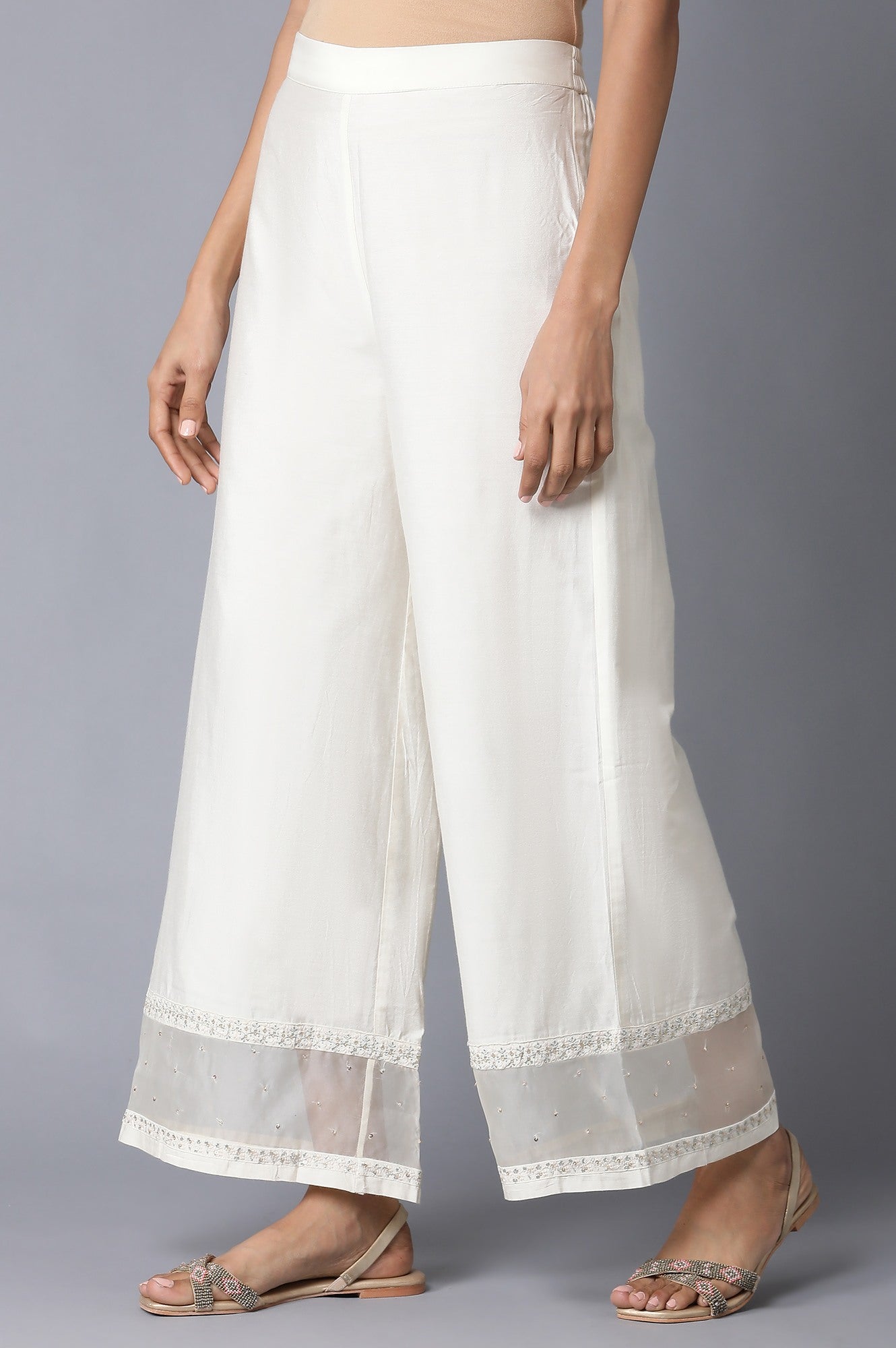 Ecru Embroidered Parallel Pants