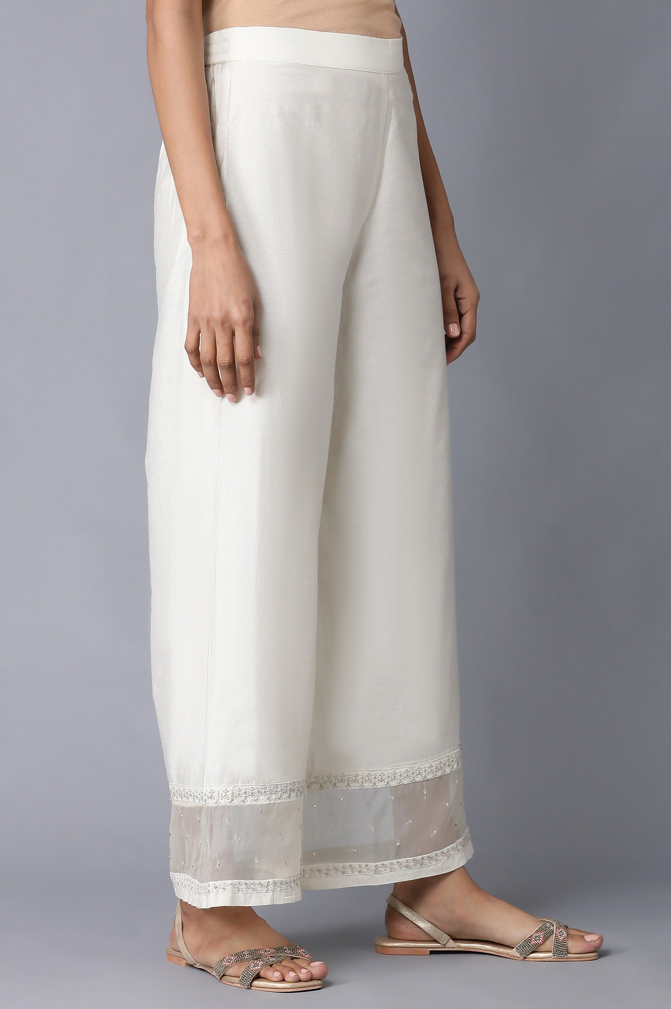 Ecru Embroidered Parallel Pants