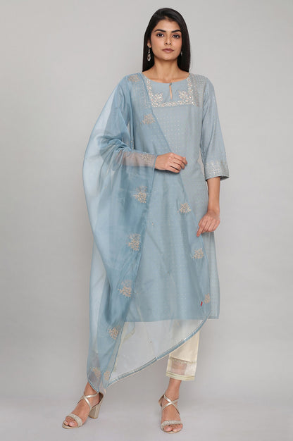 Blue Organza Dupatta with Embroidery