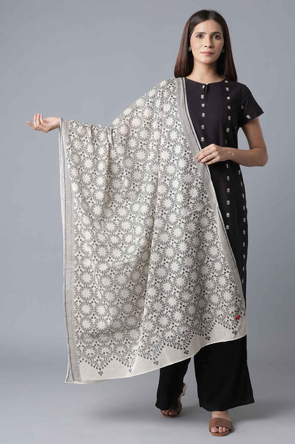 Ecru and Grey Voile Printed Dupatta