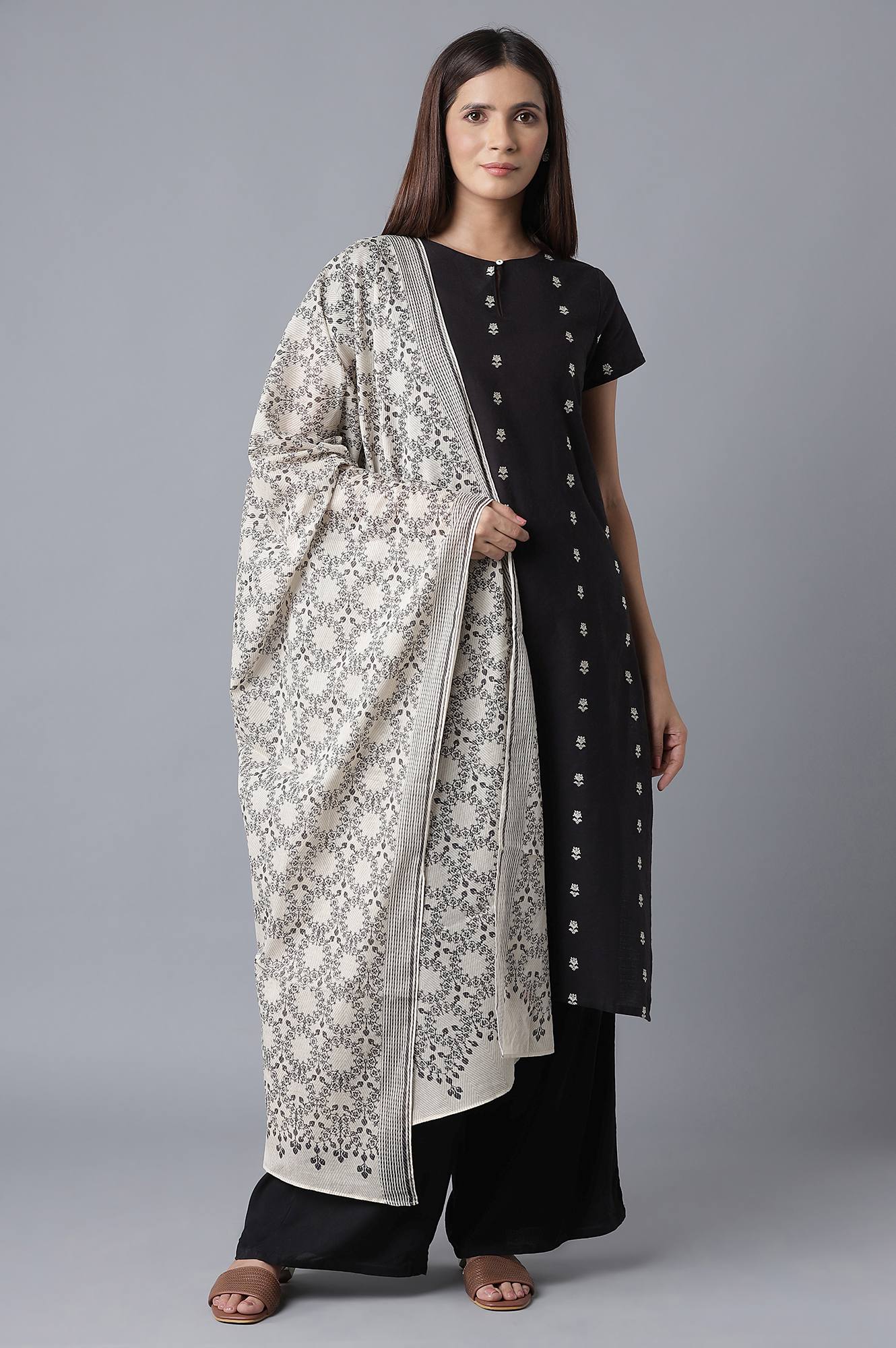 Ecru and Grey Voile Printed Dupatta