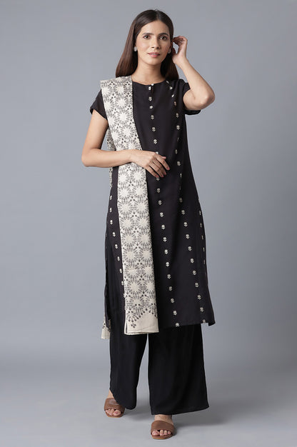 Ecru and Grey Voile Printed Dupatta