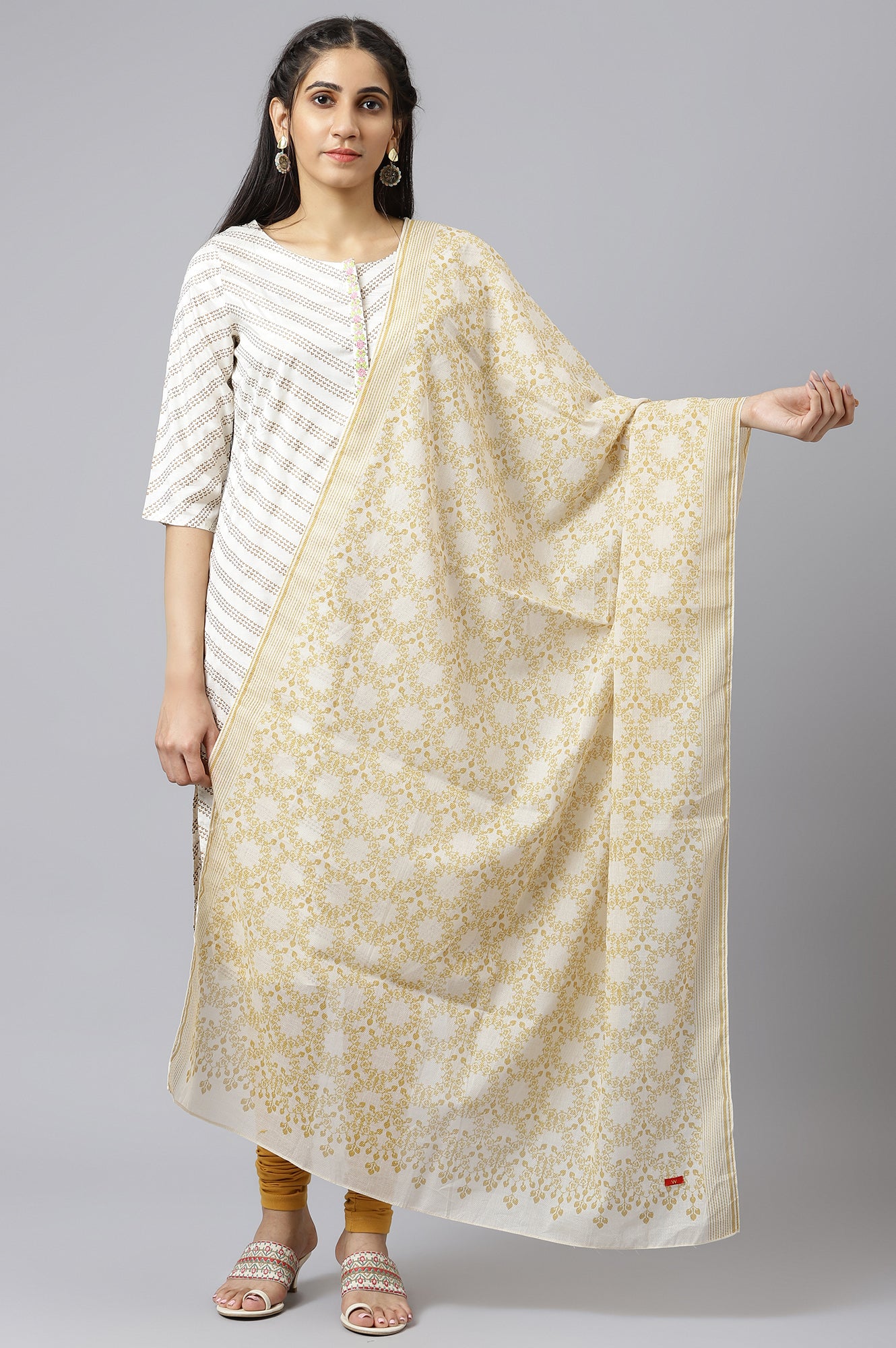 Ecru And Yellow Voile Printed Dupatta