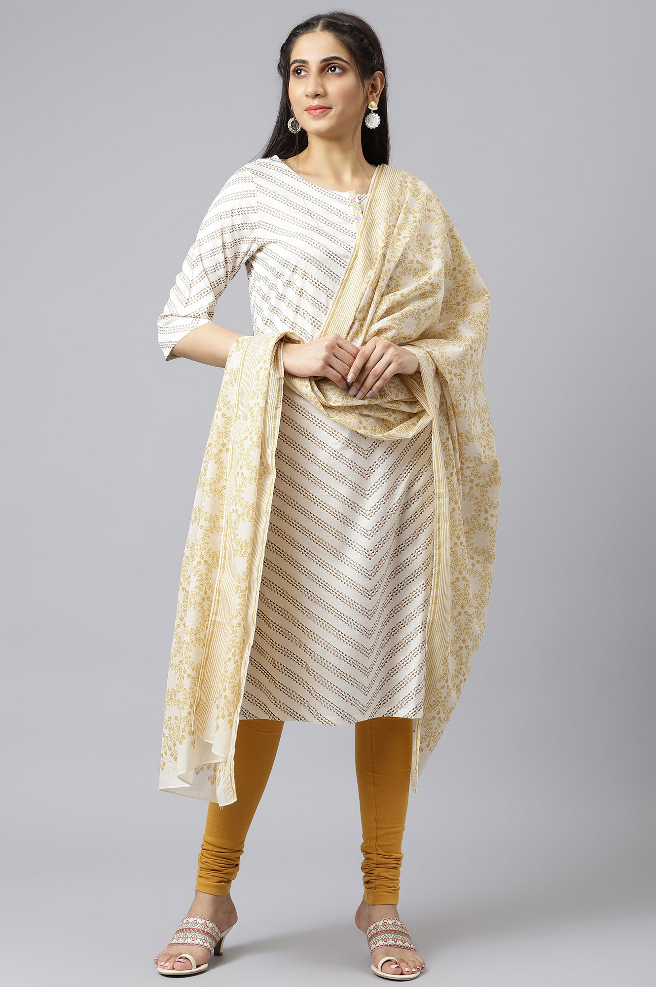 Ecru And Yellow Voile Printed Dupatta