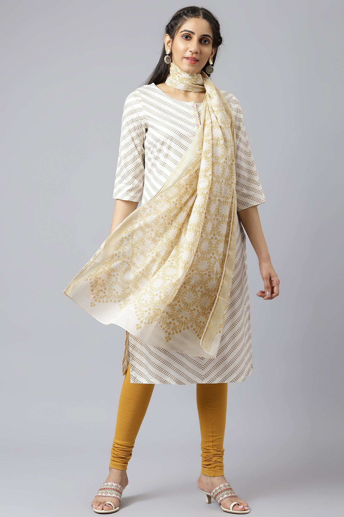 Ecru And Yellow Voile Printed Dupatta