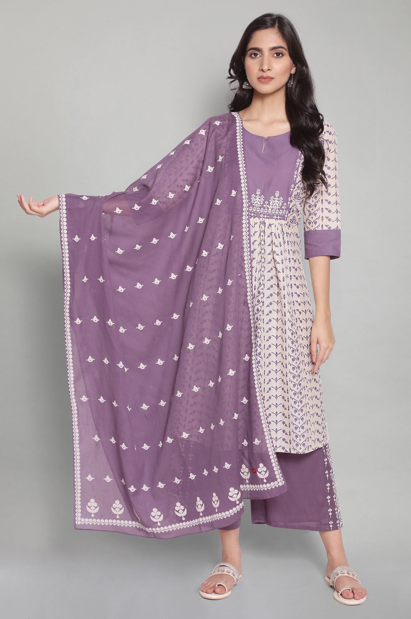 Purple and Off-white Printed Dupatta