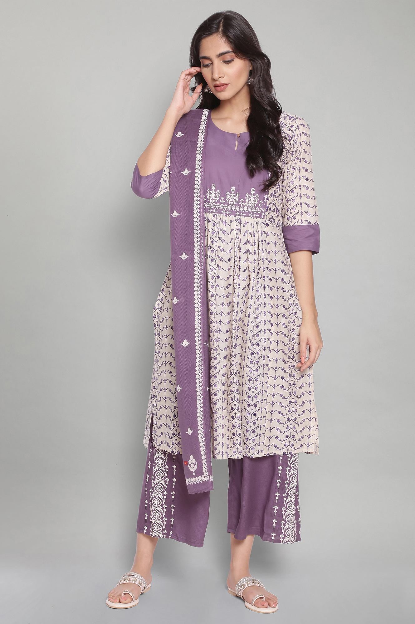 Purple and Off-white Printed Dupatta