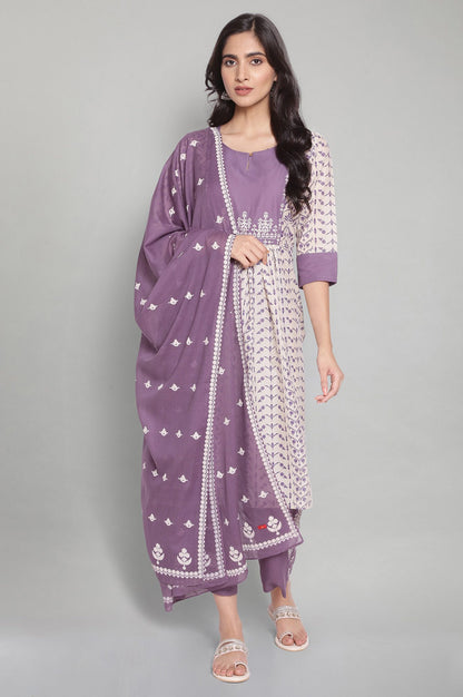 Purple and Off-white Printed Dupatta