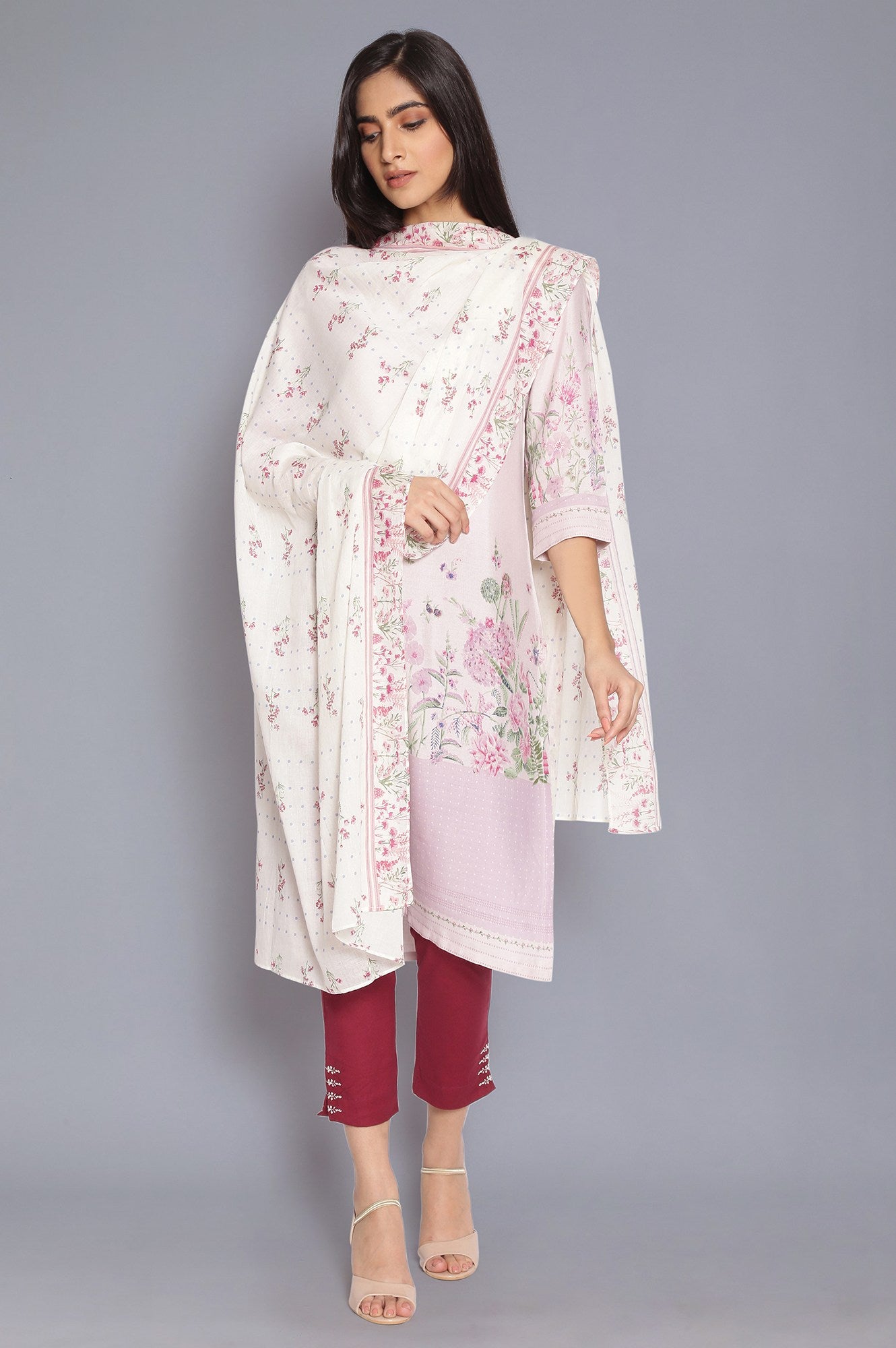 Ecru Floral Print Dupatta