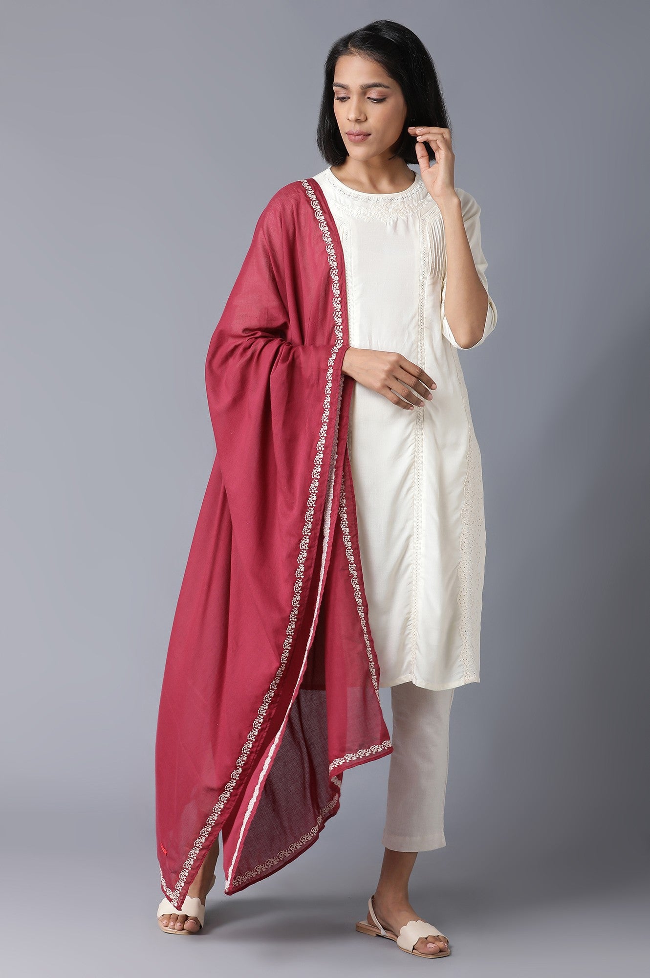 Off-White Embroidered Voile Dupatta