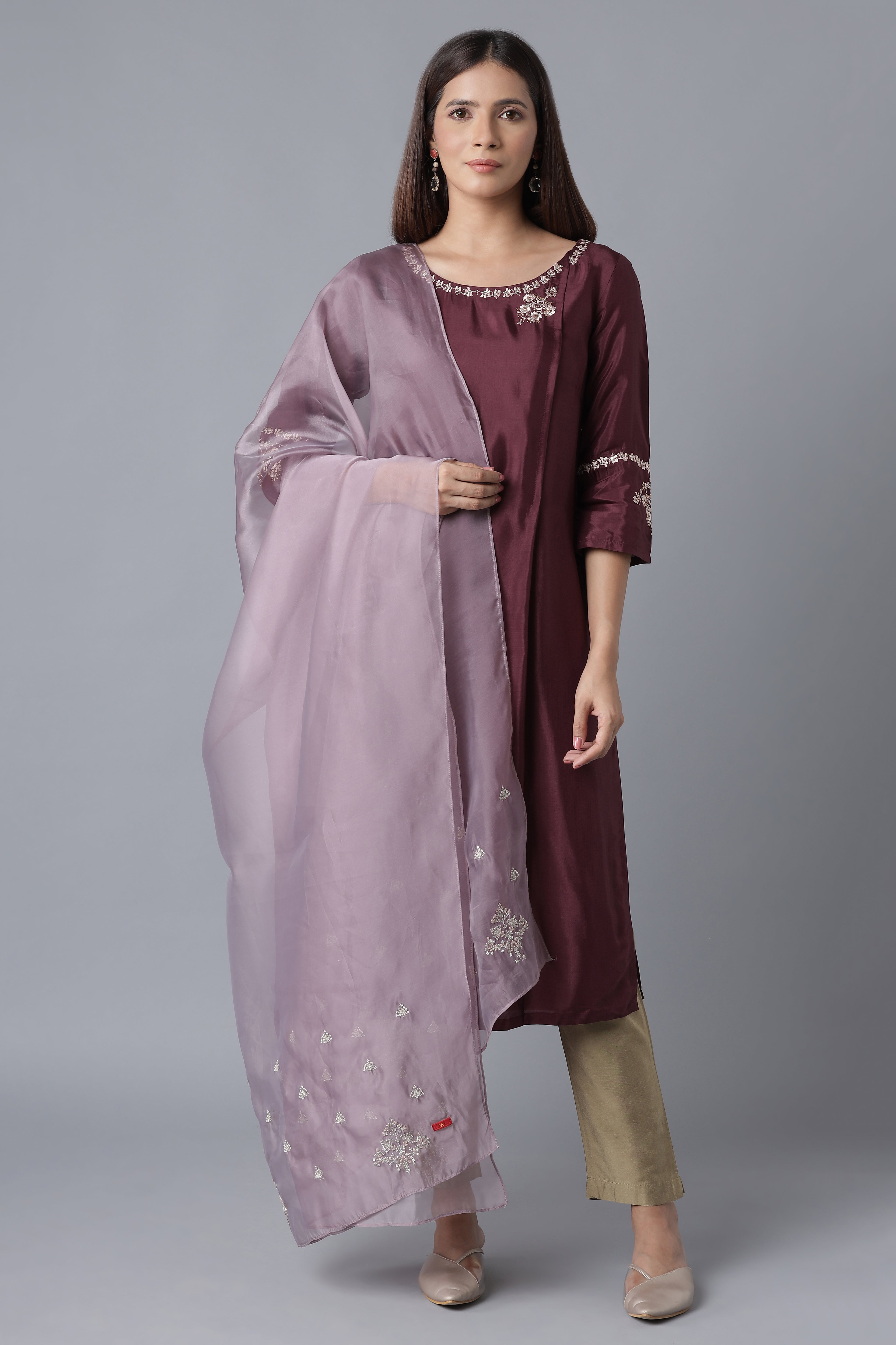 Purple Embroidered Organza Dupatta