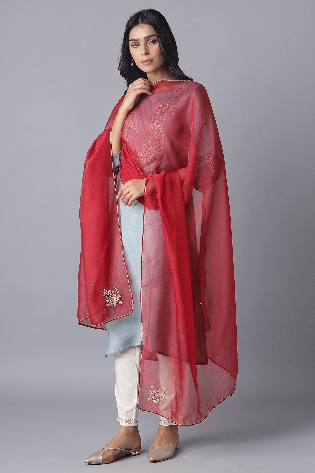 Red Embroidered Organza Dupatta