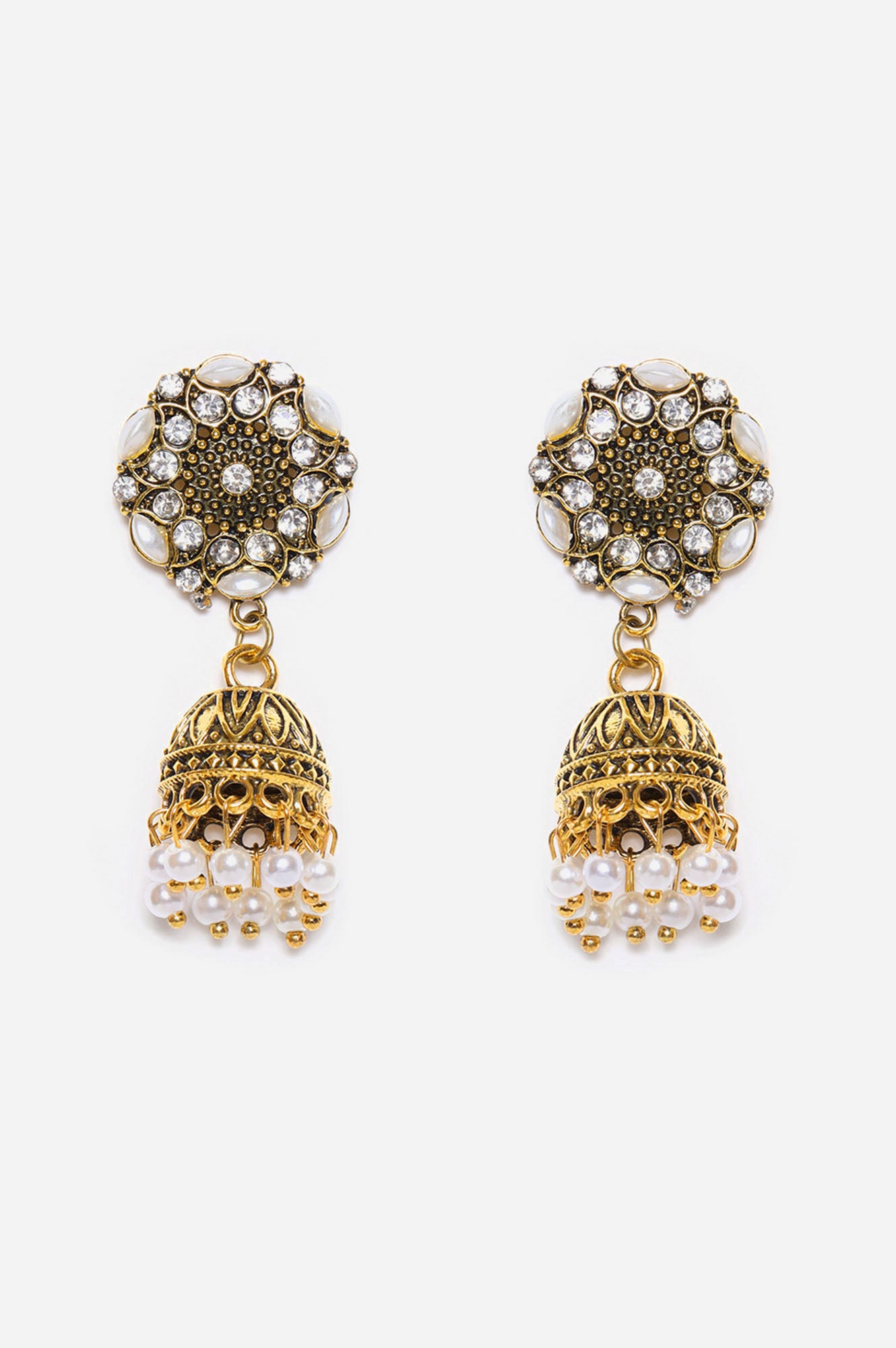 White Oxidised Stone Studded Jhumki Earrings