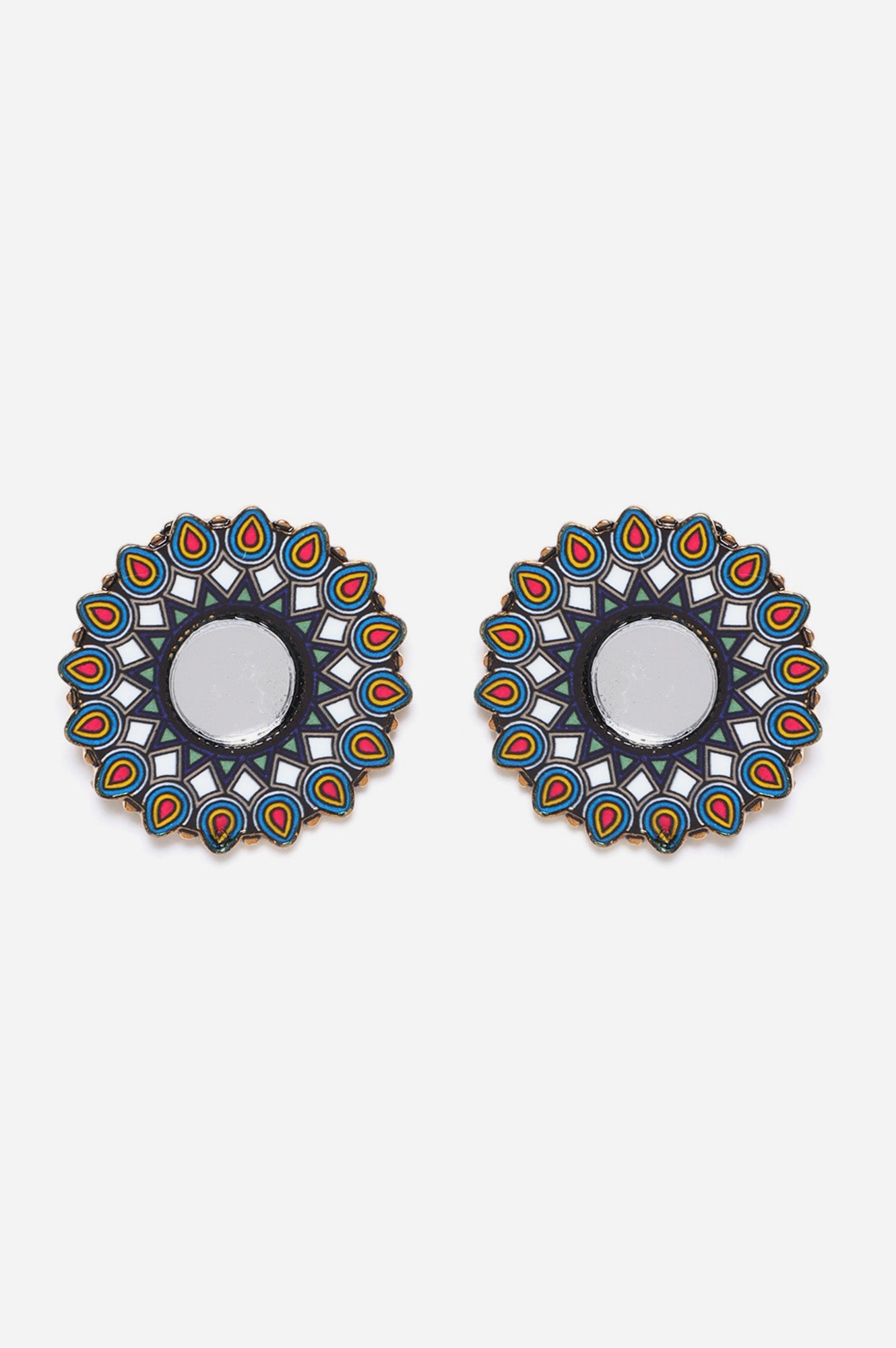 Blue And Red Coloured Stud Earrings With Mirror Stone