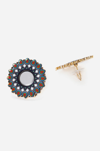 Blue And Red Coloured Stud Earrings With Mirror Stone