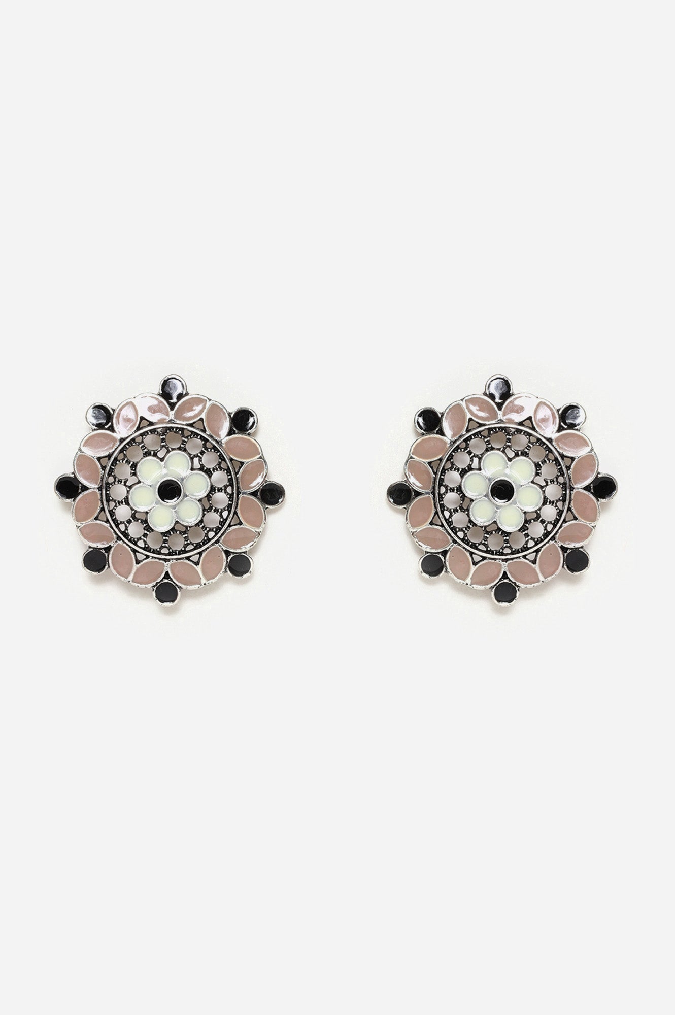 Brown and White Enamelled Stud Earrings