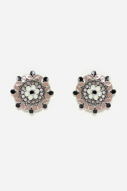 Brown and White Enamelled Stud Earrings