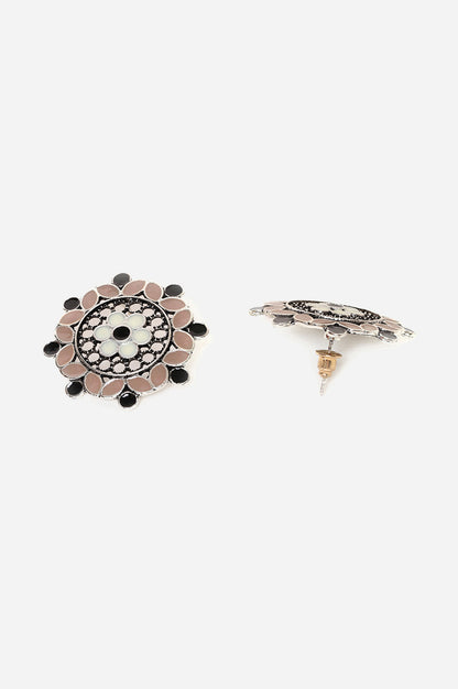 Brown and White Enamelled Stud Earrings