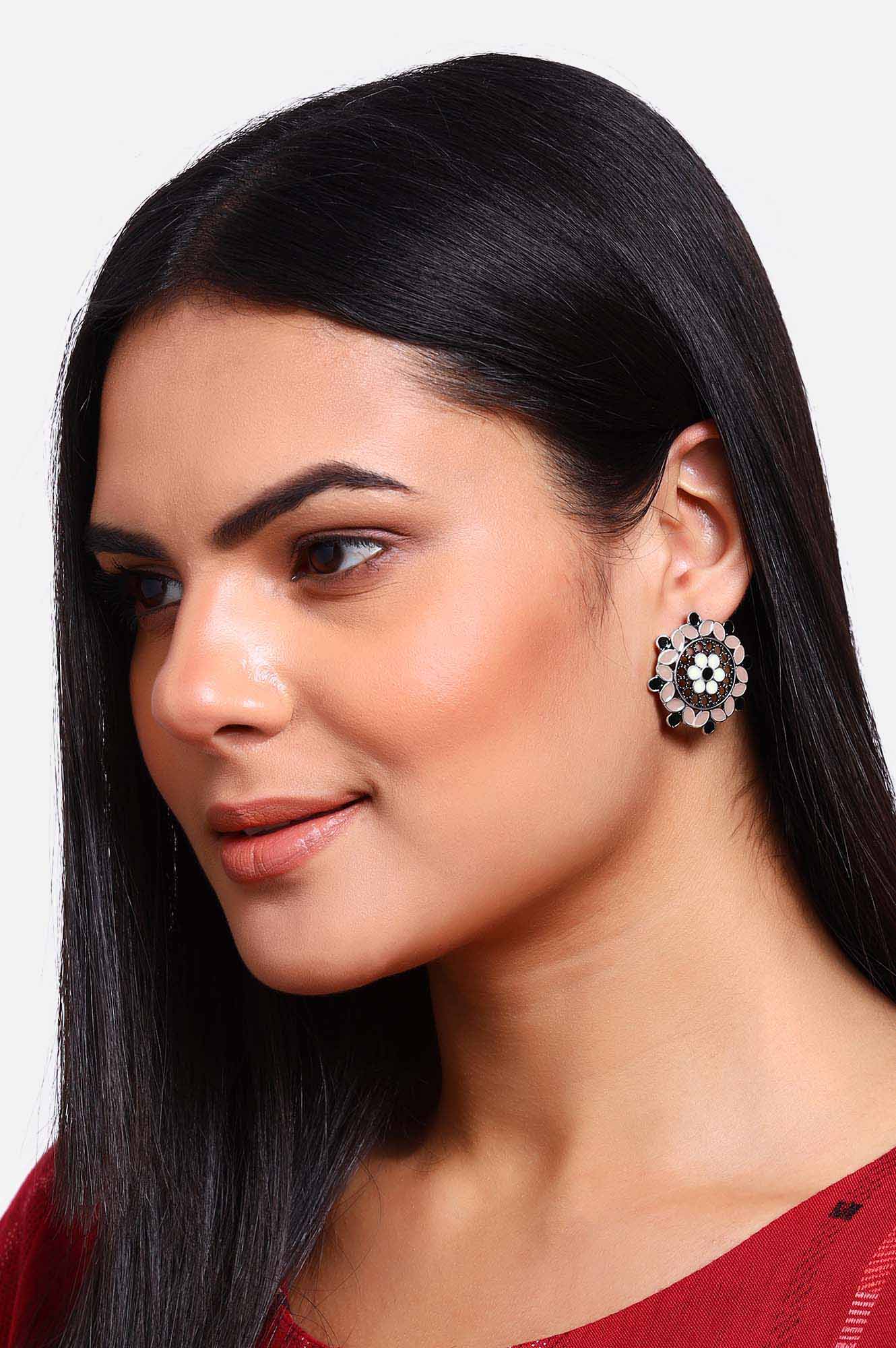 Brown and White Enamelled Stud Earrings