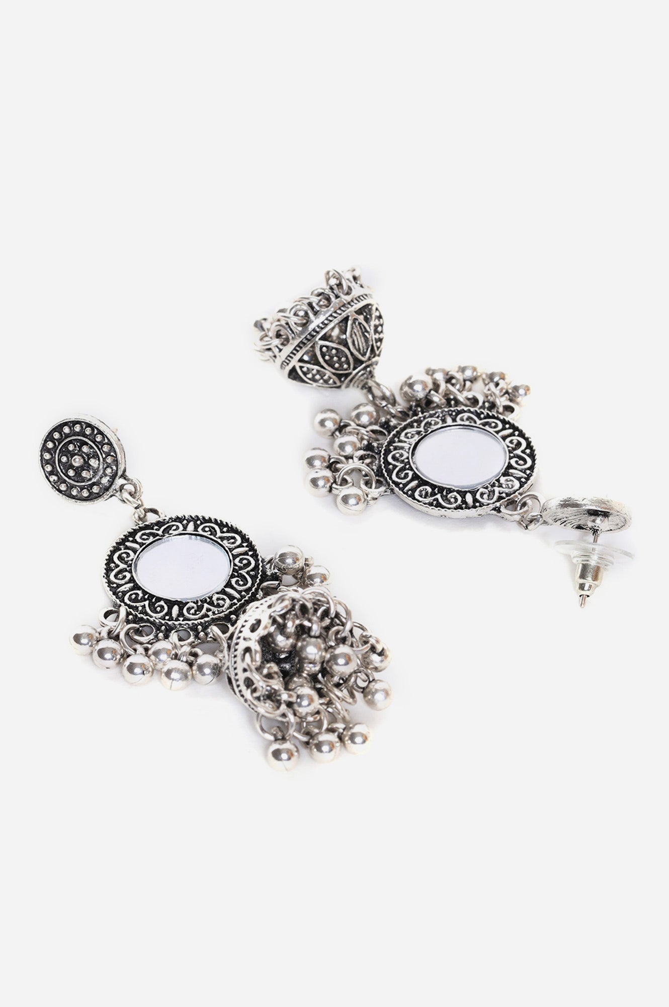 Silver Ethnic Jhumkis With Mirror Work