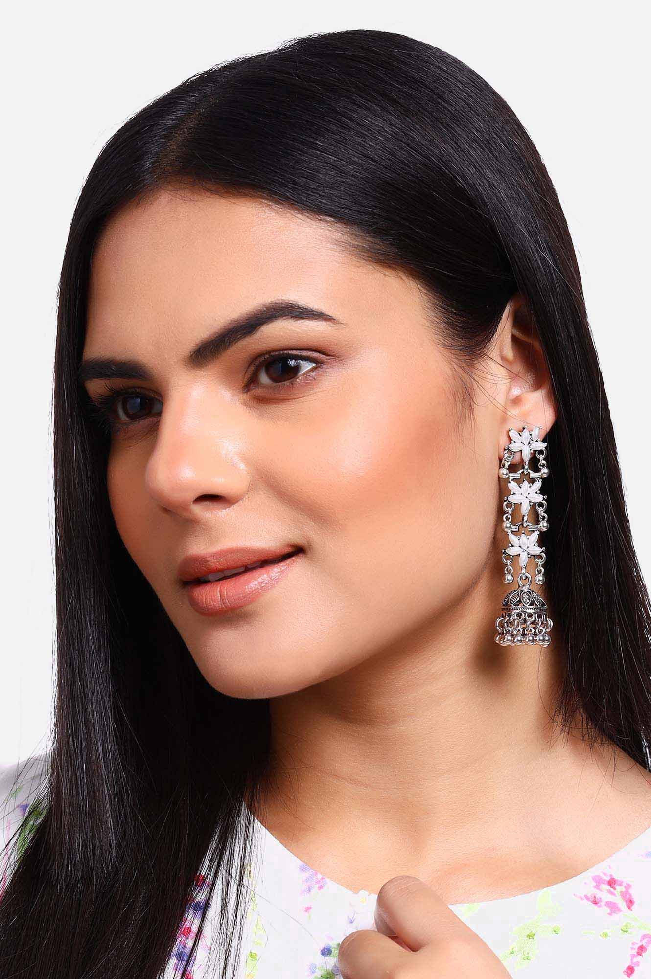 White Pearl Stone Ethnic Jhumki Earrings