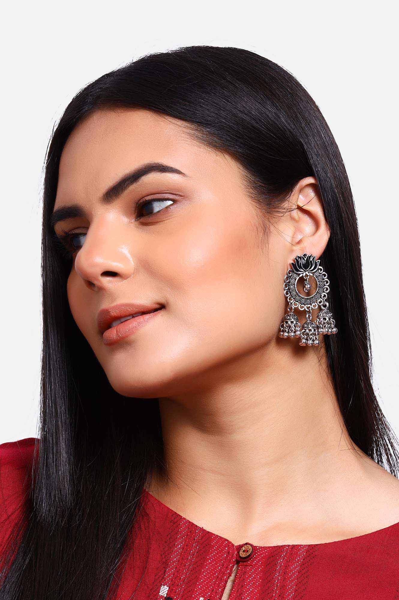 Black Enamel Oxidised Bead work Jhumki Earrings