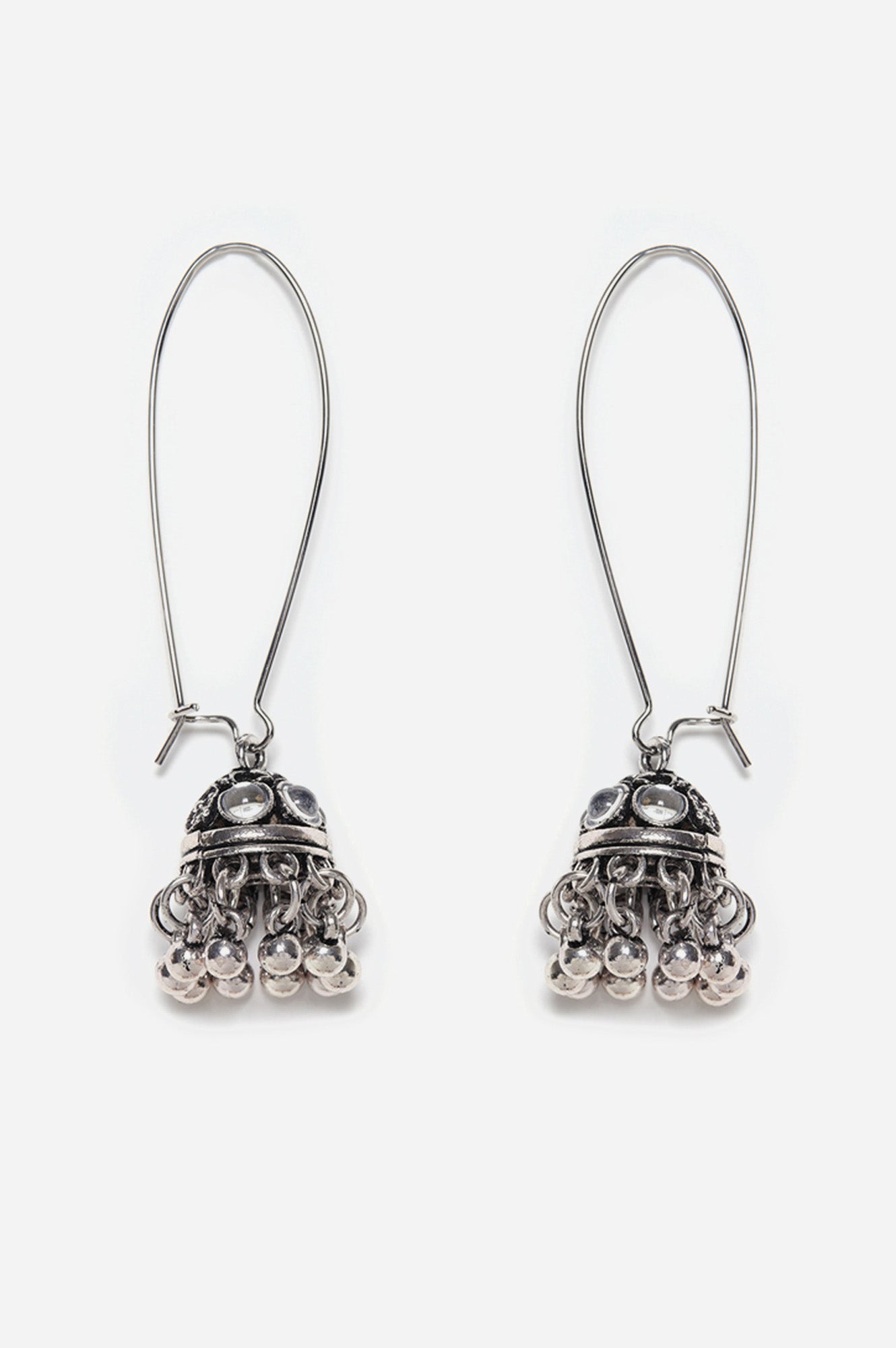 Silver Jhumki Earrings with White Crystal Stone